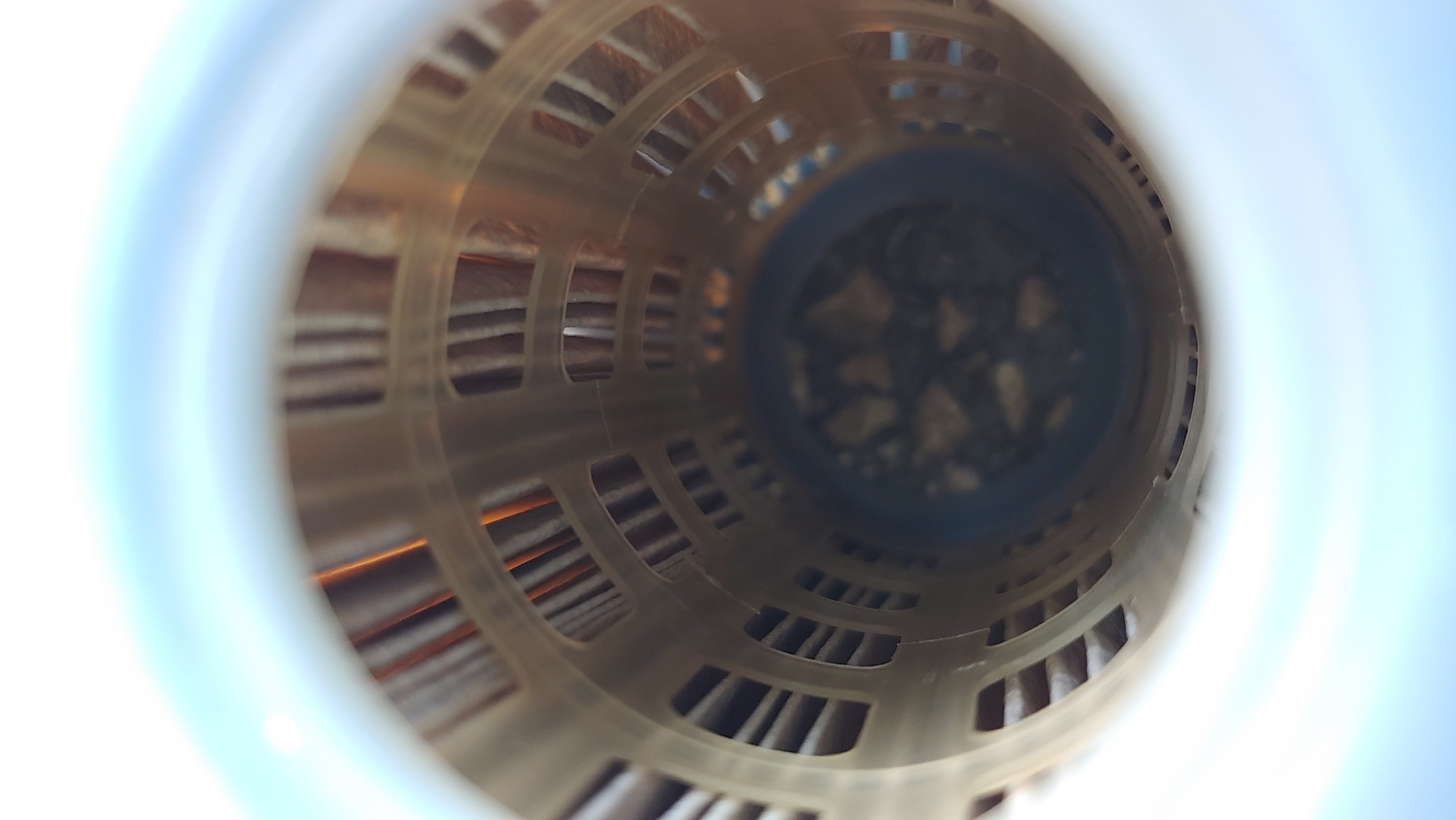 A shallow depth of field close-up shot looks down into a white, cylindrical object, possibly a bottle or container, revealing a filtered or perforated interior. The interior structure appears to be made of a beige, latticed plastic or metal, with vertical elements visible through the openings, suggesting a filter or a series of dividers. Towards the bottom of the visible interior, a darker, possibly blue, circular base is visible, with a collection of small, irregular dark objects on its surface, which could be debris or contents of the container. The lighting is bright, with a noticeable blue-white gradient towards the top, creating an ethereal and slightly abstract quality. The scene is devoid of any discernible location in Mukachevo, Ukraine.