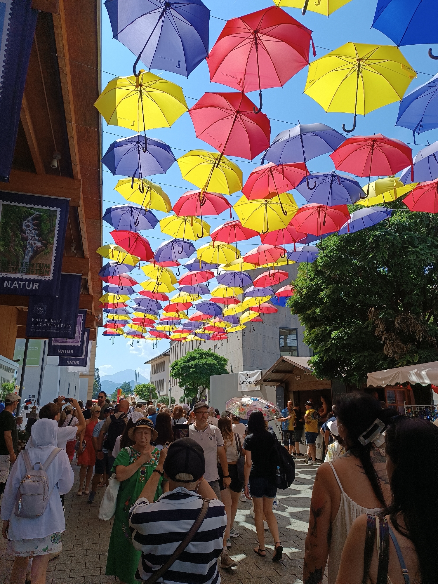 The image depicts a street scene in Vaduz, Liechtenstein, under a canopy of colorful umbrellas. The umbrellas, in shades of blue, yellow, and red, are suspended overhead, creating a vibrant and festive atmosphere. Below, a crowd of people walks along a cobblestone street lined with buildings and trees. Several individuals are captured in various actions: some are walking, others are taking photographs, and one person is speaking. The presence of banners on the buildings, one of which reads "NATUR," suggests the location might be near a nature exhibition or themed area. The background shows mountains, indicating the mountainous geography of Liechtenstein. The overall scene conveys a sense of a public gathering or event in a charming European town.