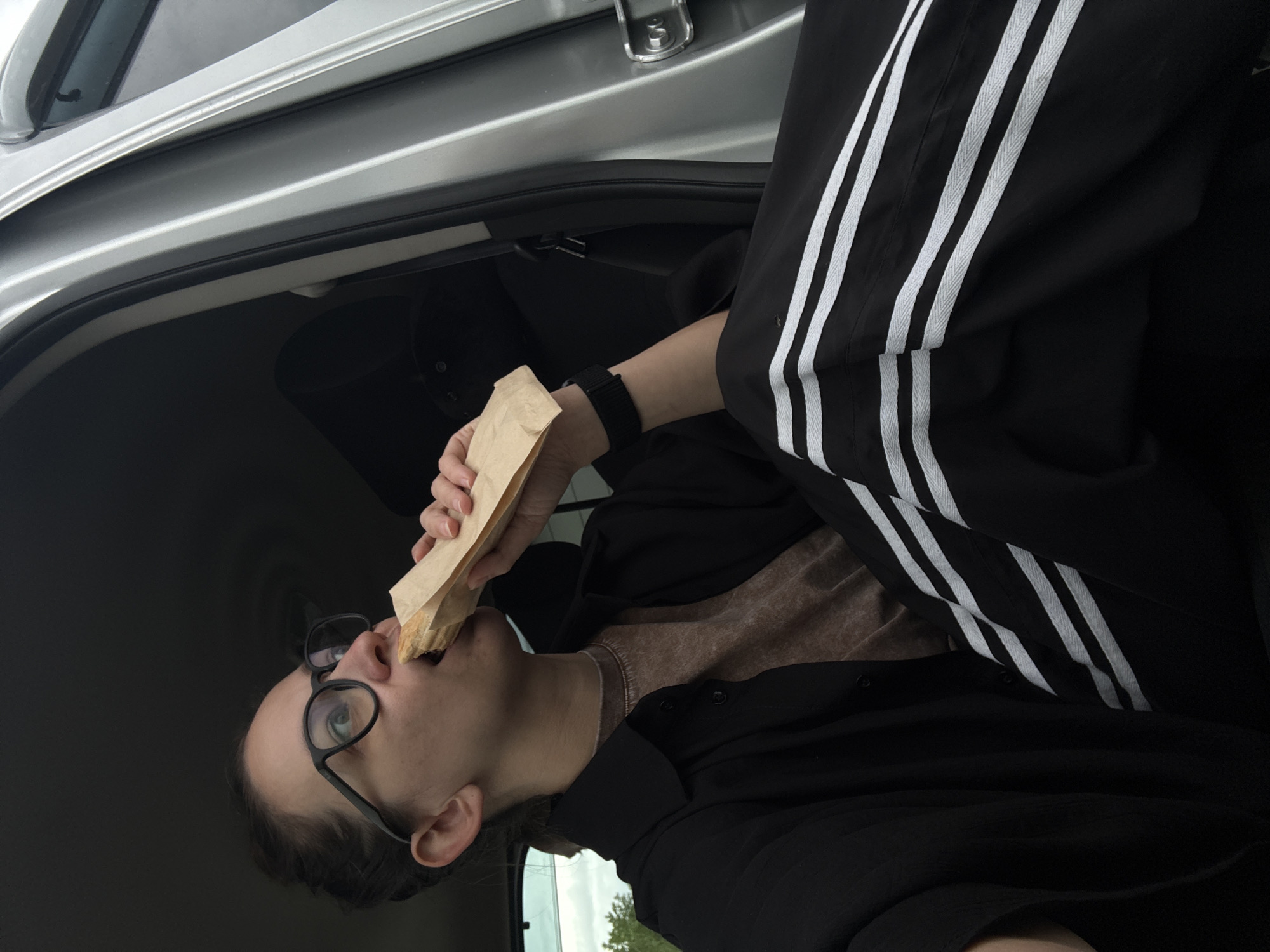 A person with dark hair, glasses, and wearing a black shirt with white stripes is eating from a brown paper bag inside a silver car. The person is wearing a black watch. The environment outside the car is visible, including a tree. The location in the city of Unknown, Russia, is not discernible.
