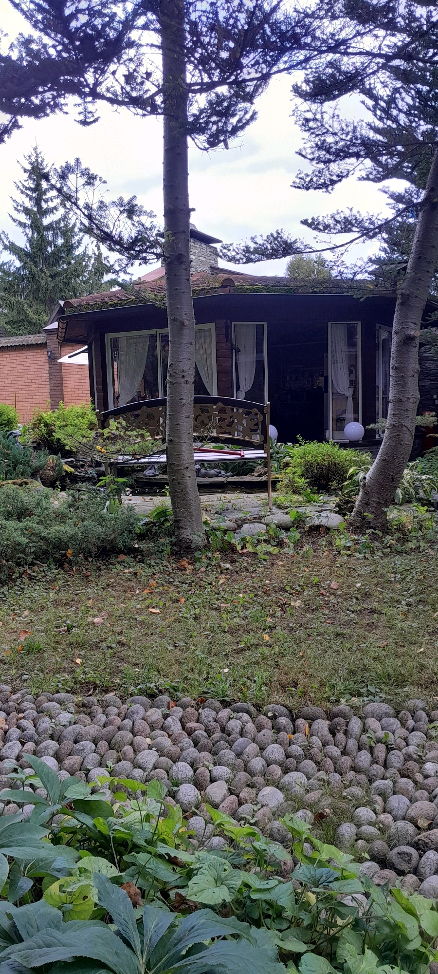 The image depicts a rustic wooden house with a gabled roof and a stone chimney, situated in a garden environment. The house has large windows covered with white curtains and a dark brown exterior. In front of the house, a decorative metal bench with an ornate backrest is placed amidst lush greenery. The garden features a variety of plants, including low-lying shrubs and larger leafy plants. The ground is covered with grass and fallen leaves, and in the foreground, a path or border is created with smooth, round grey stones. Two tall, slender trees with rough bark stand on either side of the bench, framing the view of the house. In the background, a brick wall and other trees are visible. The sky is overcast, suggesting a cloudy day. The scene appears to be in a residential area, possibly a backyard or a garden belonging to a home in Aleksandrovka, Russia, given the provided context.