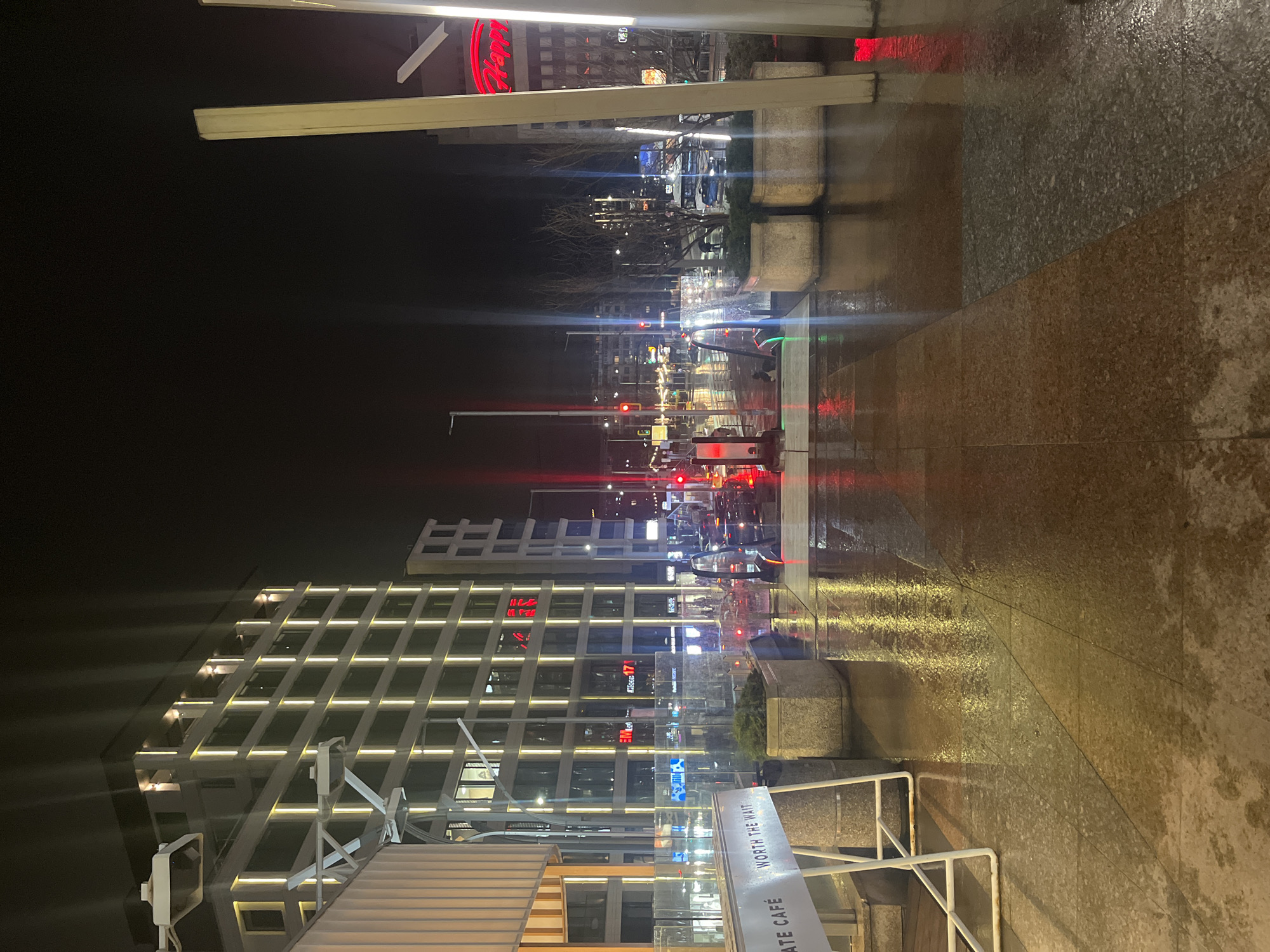 The image depicts a nighttime scene in Sofia, Bulgaria. A modern building with illuminated horizontal lines dominates the left side of the frame. Streetlights and traffic signals illuminate the wet pavement, creating reflections. Cars are visible on the street, indicating vehicular traffic. A sign for a cafe is in the foreground, partially obscured by the frame. Other buildings and signs are visible in the background, illuminated by various lights. The overall atmosphere suggests an urban environment after rainfall.