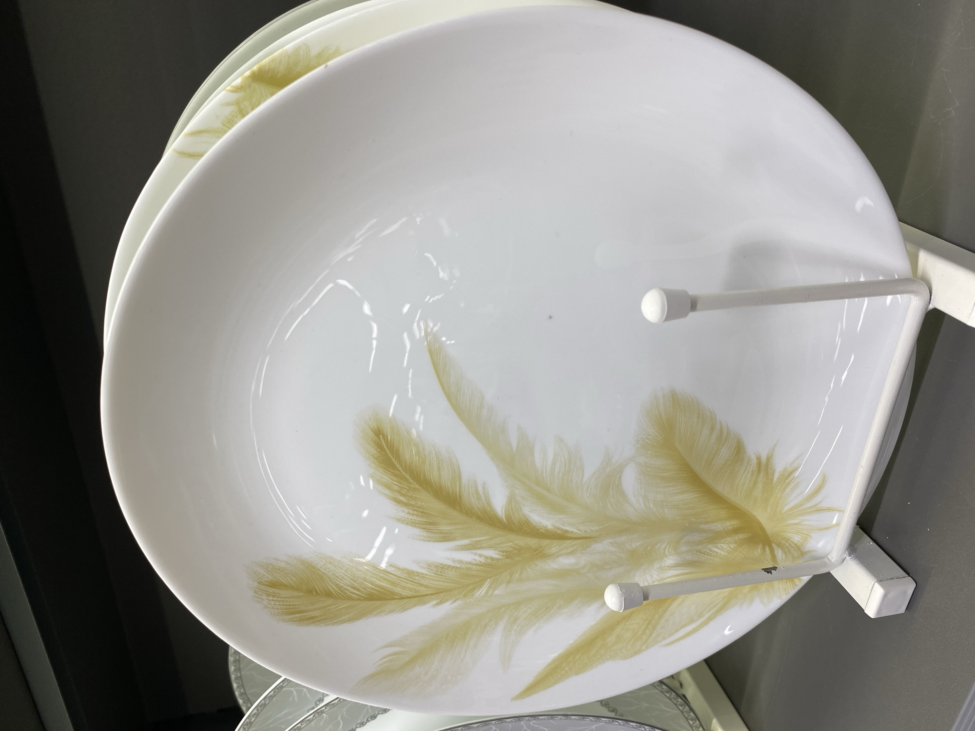 The image shows a white, round plate with a design of golden feathers at the bottom. The plate is held in place by a white, wire rack. The location is possibly a retail store displaying dinnerware, but without further context, it's not possible to confirm if it's Murino, Russia.