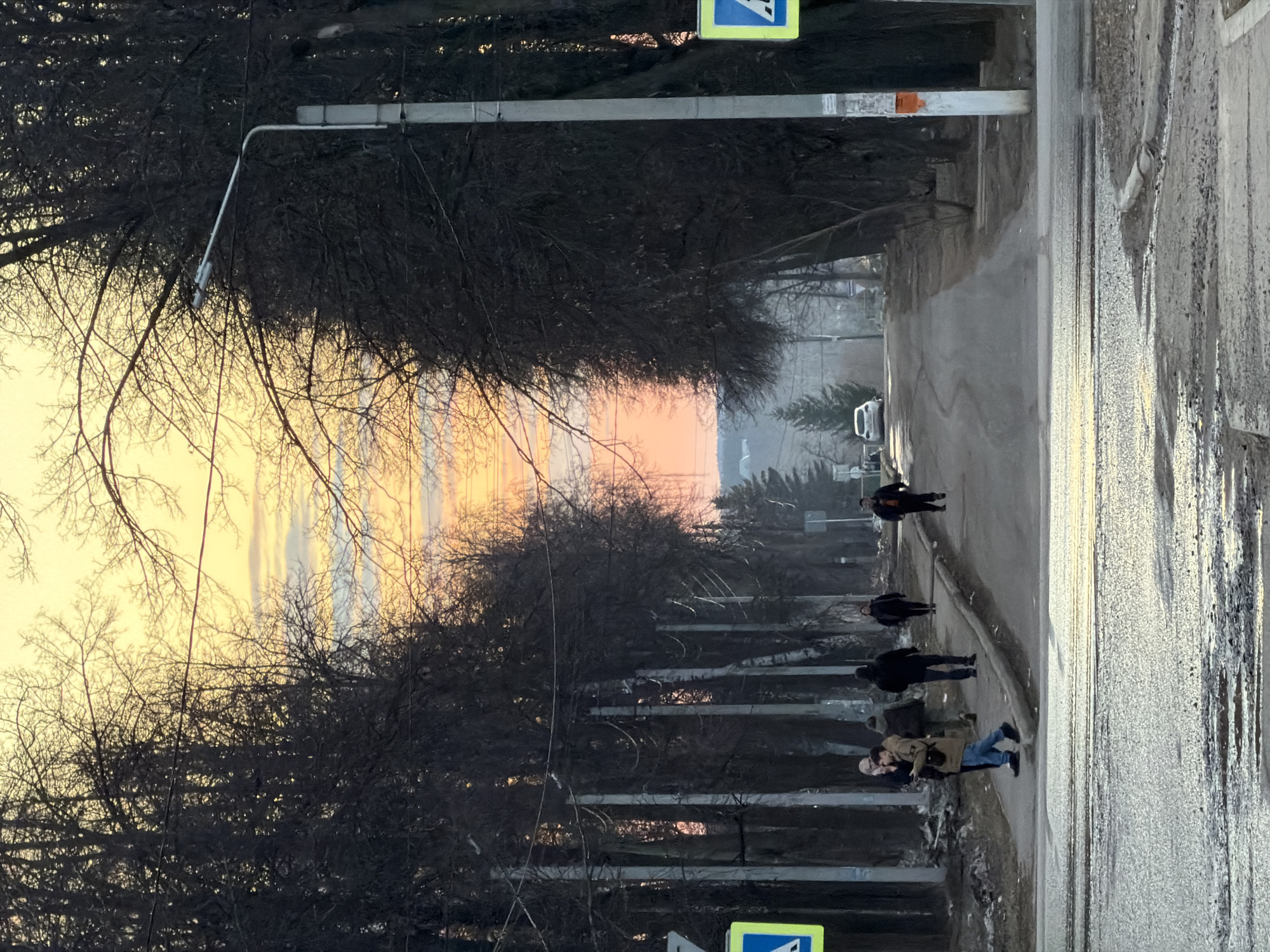 The image depicts a street scene in what appears to be the city of Chaikovsky, Russia, based on visual cues (though without explicit confirmation, this is an informed estimation). The view is along a road flanked by trees with bare branches, suggesting winter or early spring. The sky visible at the end of the road indicates either sunrise or sunset, with orange and yellow hues. A group of individuals is walking along the roadside, consisting of at least five persons. A car is visible in the distance. Pedestrian crossing signs are present. The road itself appears wet with standing water, and patches of snow or ice are visible along the edges, indicating cold weather conditions.