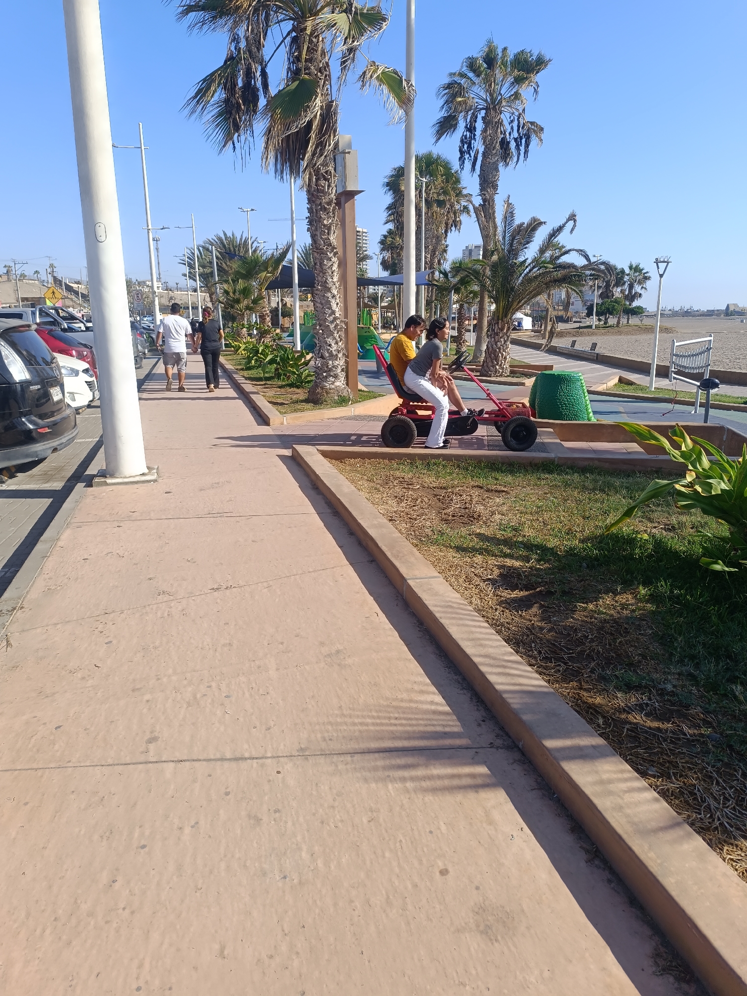 This photograph captures a scene on the coast of Arica, Chile. A paved walkway, bordered by a low concrete curb, runs along the edge of a green space interspersed with palm trees. A red pedal-powered four-wheeled vehicle is occupied by two people, one wearing white pants and the other a yellow shirt, and they are seated on the vehicle within the green space. In the background, a beach can be seen with some infrastructure, including benches and possibly exercise equipment. Along the left side of the walkway, parked cars are visible, adjacent to a row of white poles. Two individuals are walking along the walkway in the same direction as the pedal vehicle, towards the beach. The lighting suggests it is daytime, with clear blue skies.