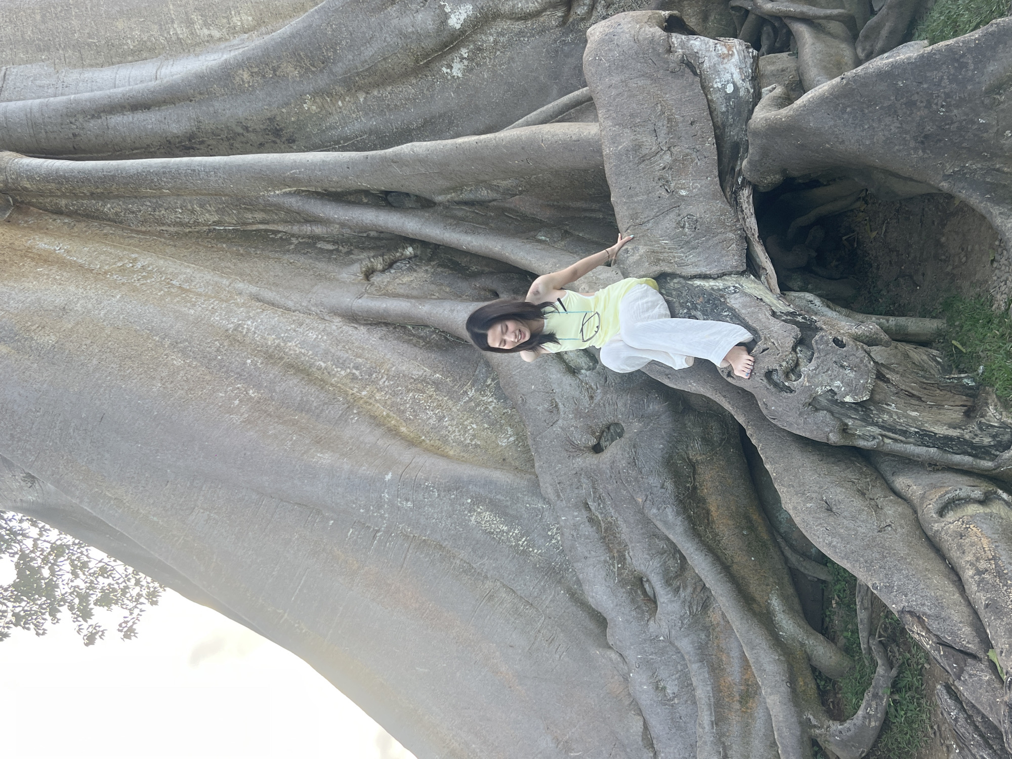 A young East Asian woman with dark hair, wearing a light yellow sleeveless top and white pants, is seated on a large, gnarled tree root. Her head is tilted down and her eyes are closed, with a slight smile on her face. She is barefoot, with one foot resting on a lower root. The tree is massive, with thick, exposed roots covering the ground. The scene appears to be outdoors in a natural setting, possibly a park or forest, with some greenery visible on the ground. The lighting suggests it is daytime, with the sun creating a bright, slightly hazy atmosphere. The location is Marga, Indonesia.