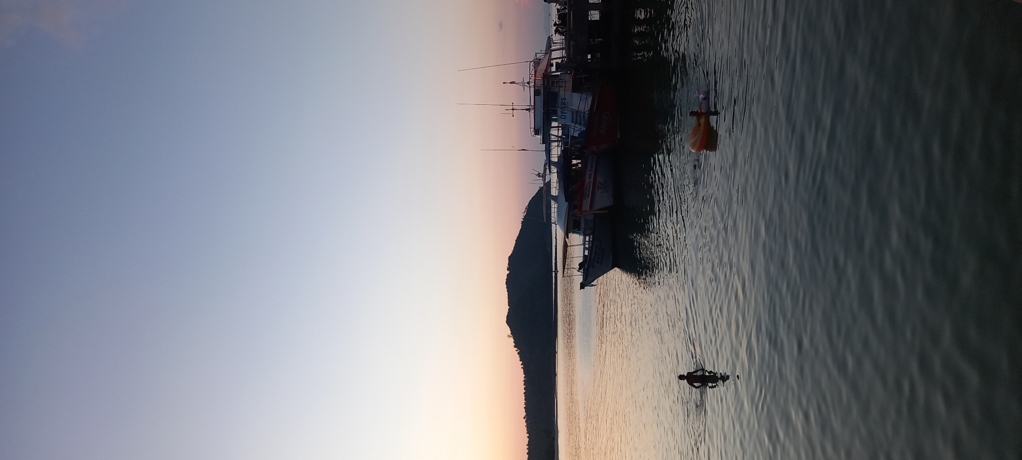 This landscape image captures a tranquil coastal scene in Baan Chaloklum, Thailand, during either sunrise or sunset. The sky, transitioning from a pale blue at the top to soft pink and orange tones near the horizon, dominates the upper half of the frame, hinting at the gentle light of the golden hour. Along the horizon, the dark silhouette of a mountainous or hilly coastline stretches across the width of the image.
In the midground, several boats, appearing to be fishing or dive vessels, are moored or docked near a pier structure. Their forms are largely silhouetted against the softer light, but some details like masts and rigging are visible. On one boat, the word "DAYERS" is legible, and on another, "DIVERS" can be distinctly seen.
The lower half of the image features calm water, which gently reflects the ambient light. A lone individual is partially submerged in the water in the foreground, seemingly swimming or wading. An orange buoy or float is visible on the water's surface closer to the moored boats. The overall atmosphere is peaceful and serene, with clear weather and still waters.