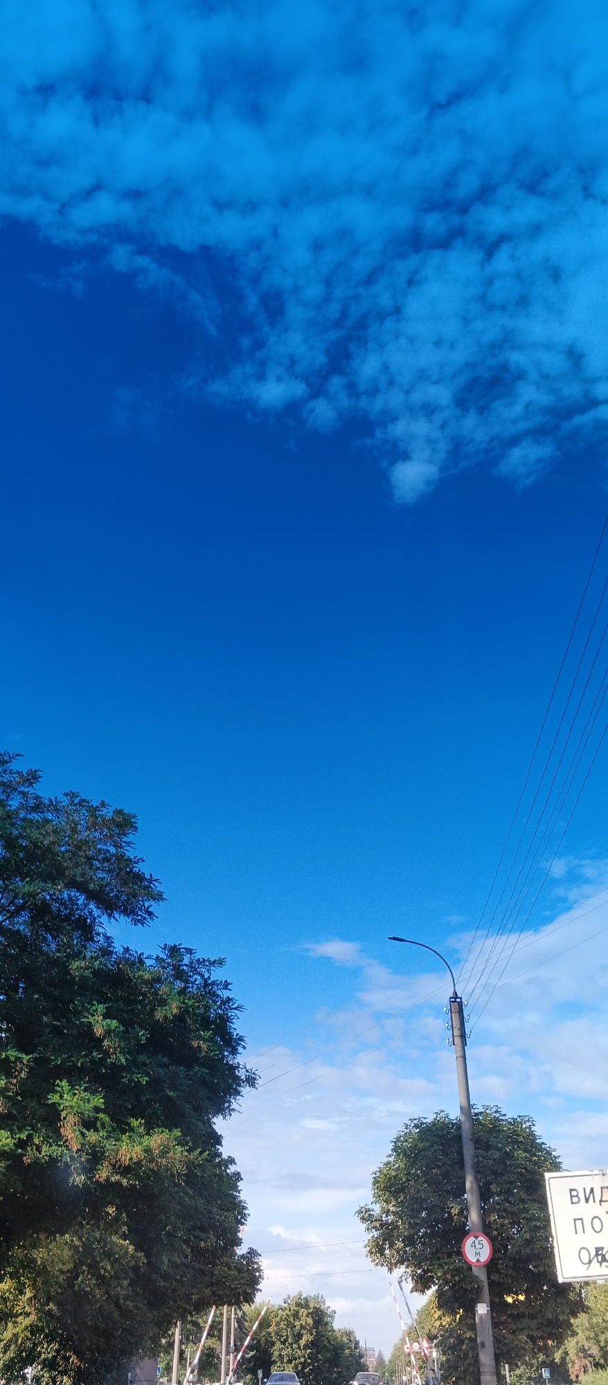 This image captures a view of a street in Smila, Ukraine, on a clear day with a vibrant blue sky and scattered clouds. The foreground is dominated by lush green trees on the left and right sides of the frame. A utility pole with a street lamp and power lines runs vertically along the right side of the image, adorned with a circular sign indicating a height restriction of 4.5 meters. To the right of the pole, a white rectangular sign with Cyrillic text is visible, along with traffic signals and what appear to be railway crossing barriers in the background. A few cars are present on the road, and the overall scene suggests a typical urban or suburban environment during daylight hours.