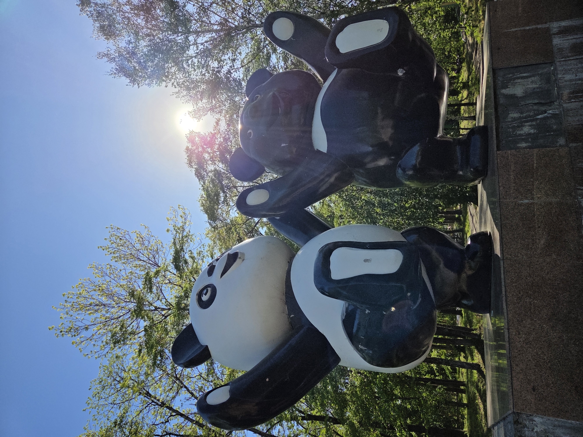 A low-angle shot captures a sculpture of two pandas set against a backdrop of trees, a clear blue sky, and the sun. The upper panda is a dark color, while the lower one is white with black markings. The sculpture sits on a stone base. The location is the city of Birobidzhan, Russia.