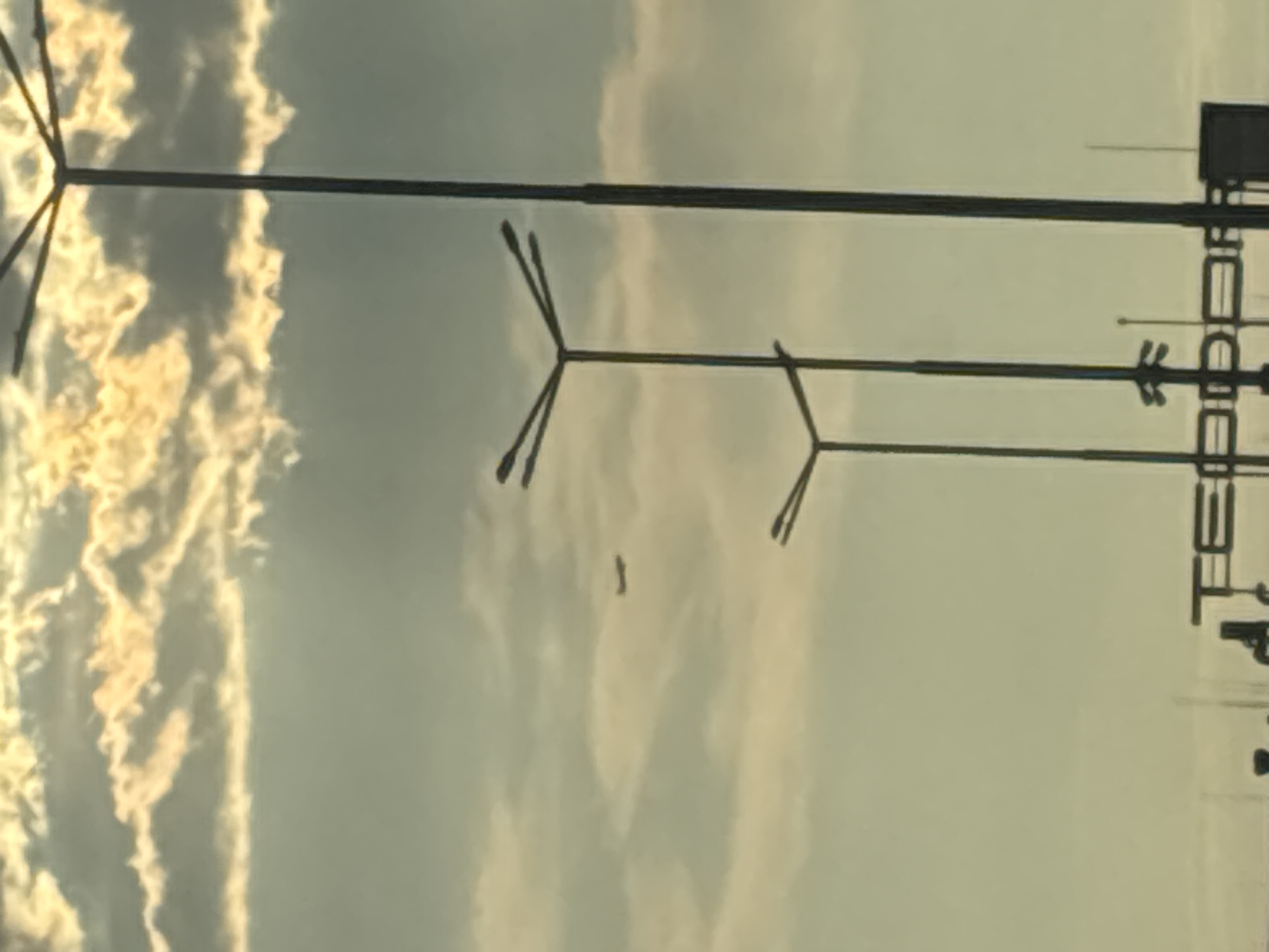 The image depicts a cloudy sky with the sun partially visible through the clouds, creating a diffused light. In the foreground, several tall lamp posts are silhouetted against the sky. An airplane is visible in the mid-ground, flying horizontally across the frame. In the lower portion of the image, a sign with the text "TEDDARE" is partially visible, suggesting a location in Sofia, Bulgaria. The overall scene appears to be an outdoor public space, possibly near an airport or a transportation hub, given the presence of the airplane and the sign which could indicate a business or establishment. The lighting suggests it might be early morning or late afternoon.