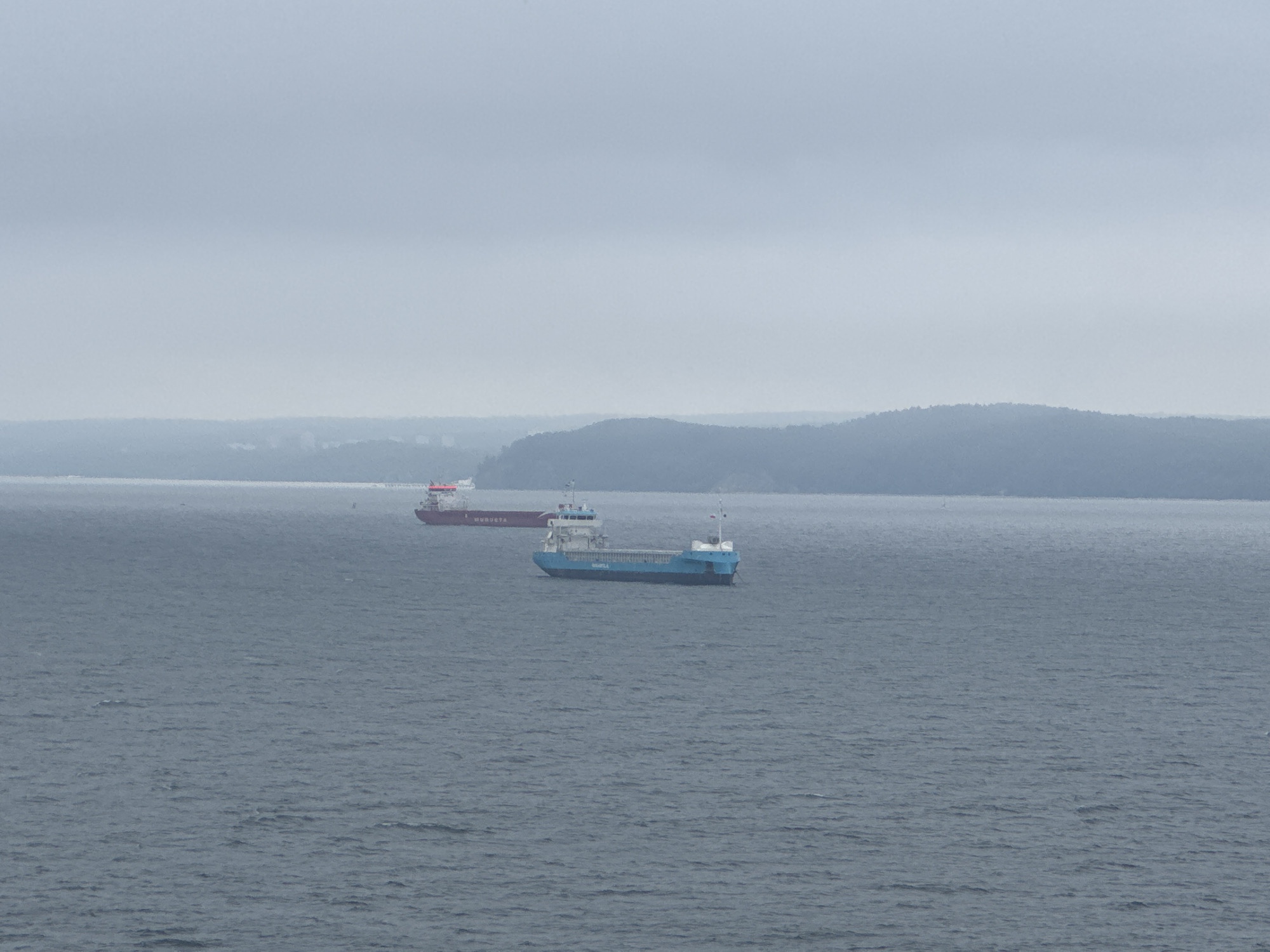 Two cargo ships are sailing on a calm, overcast sea. The ship in the foreground is light blue and appears to be a tanker or chemical carrier. The ship in the background is larger and red, with white lettering on its side. The ships are sailing in the direction of the Baltic Sea, west of Gdynia, Poland. The sky is a pale, uniform gray, suggesting a cloudy or foggy day. The water is a deep blue-gray, with gentle ripples. In the distance, the hazy outlines of land and hills are visible, also shrouded in mist or fog. The overall impression is one of a quiet, somber maritime scene.