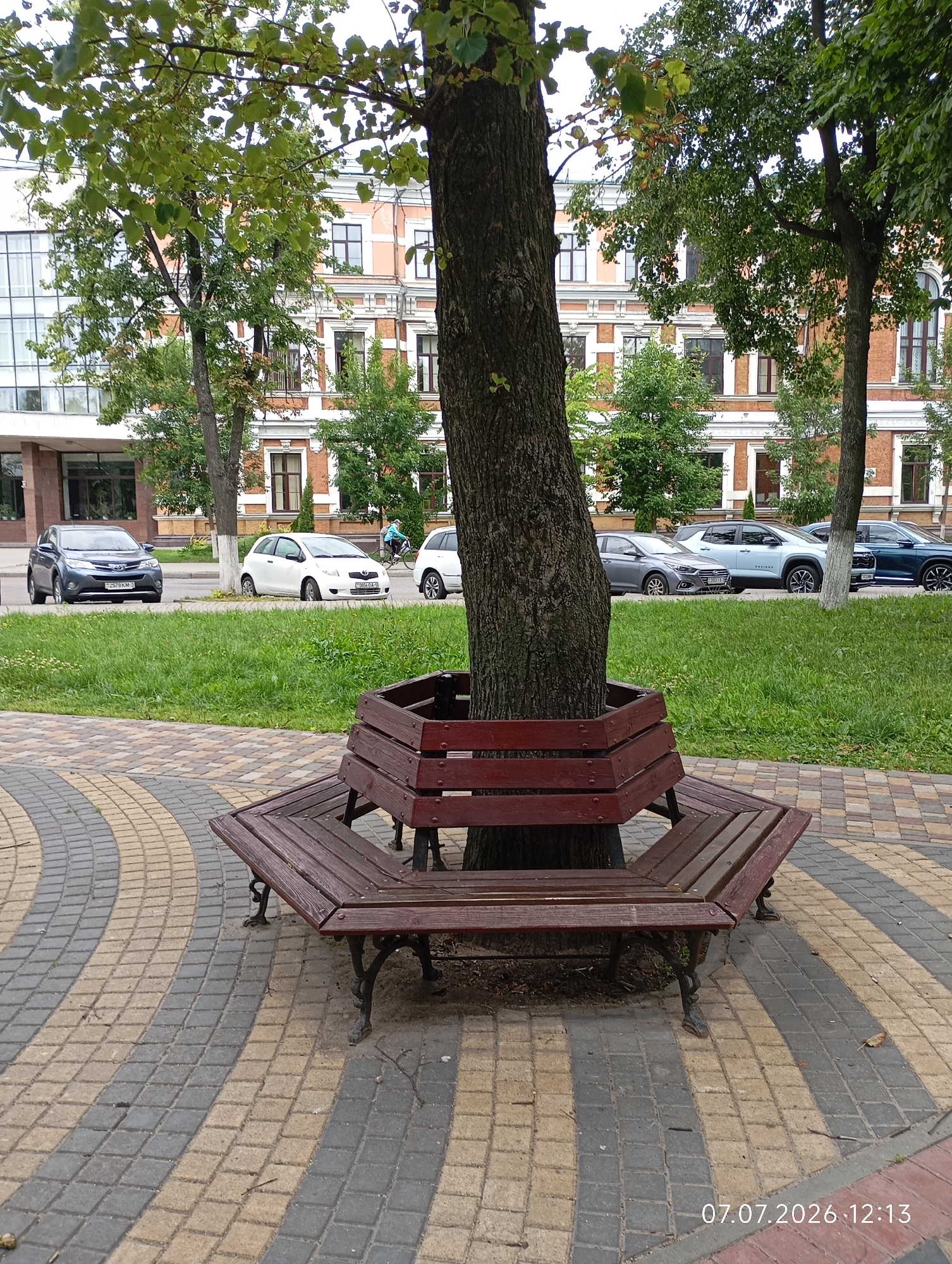 A photograph taken outdoors, possibly in Homyel, Belarus, depicts a unique wooden bench encircling the base of a mature tree. The bench is constructed from dark red, weathered wooden planks, forming a hexagonal shape around the tree trunk. The bench is supported by dark, ornate metal legs. The ground surrounding the bench is paved with a patterned walkway of light brown and gray rectangular tiles, laid in a curved design. Beyond the walkway, a strip of vibrant green grass is visible. In the background, several cars are parked along a road. A modern building with large windows and a more traditional brick building with ornate window frames and a mansard roof are also present. Trees with lush green foliage line the area between the walkway and the road. A cyclist is visible in the distance on the road. The timestamp "07.07.2026 12:13" is superimposed on the bottom right corner of the image.