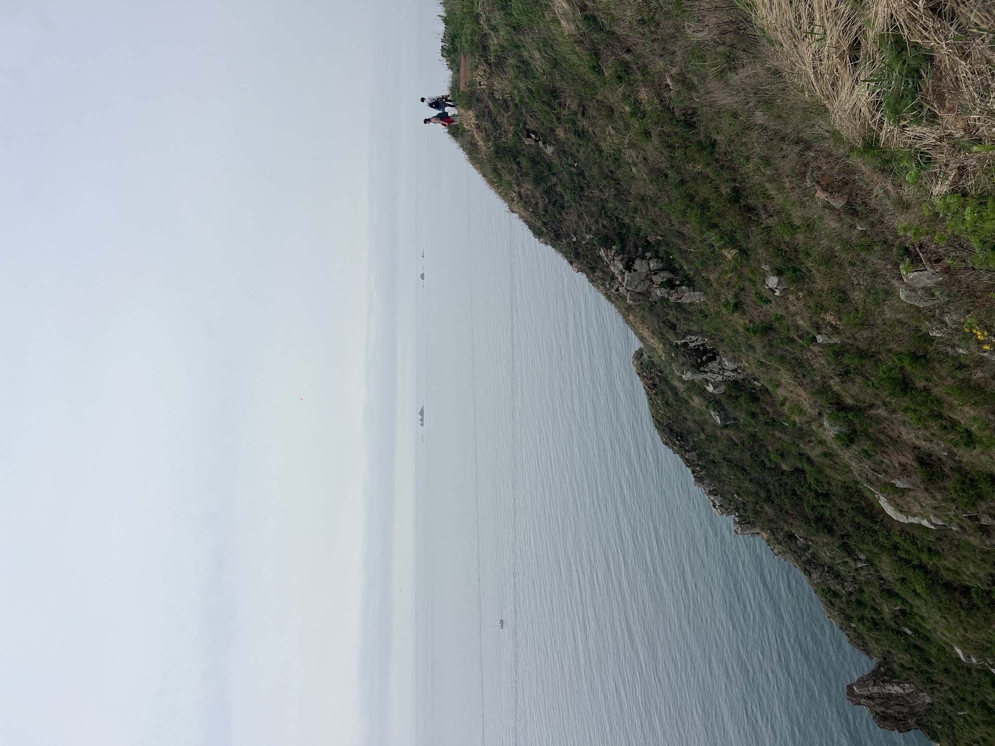 Captured from a high vantage point in Russkiy, Russia, the image presents a rugged cliff face overgrown with grass and vegetation. Two people are visible at the edge of the cliff, appearing to observe the scene below. A large body of water extends from the base of the cliff towards the horizon, where ships can be seen. The sky is overcast, casting a pale light over the scene.