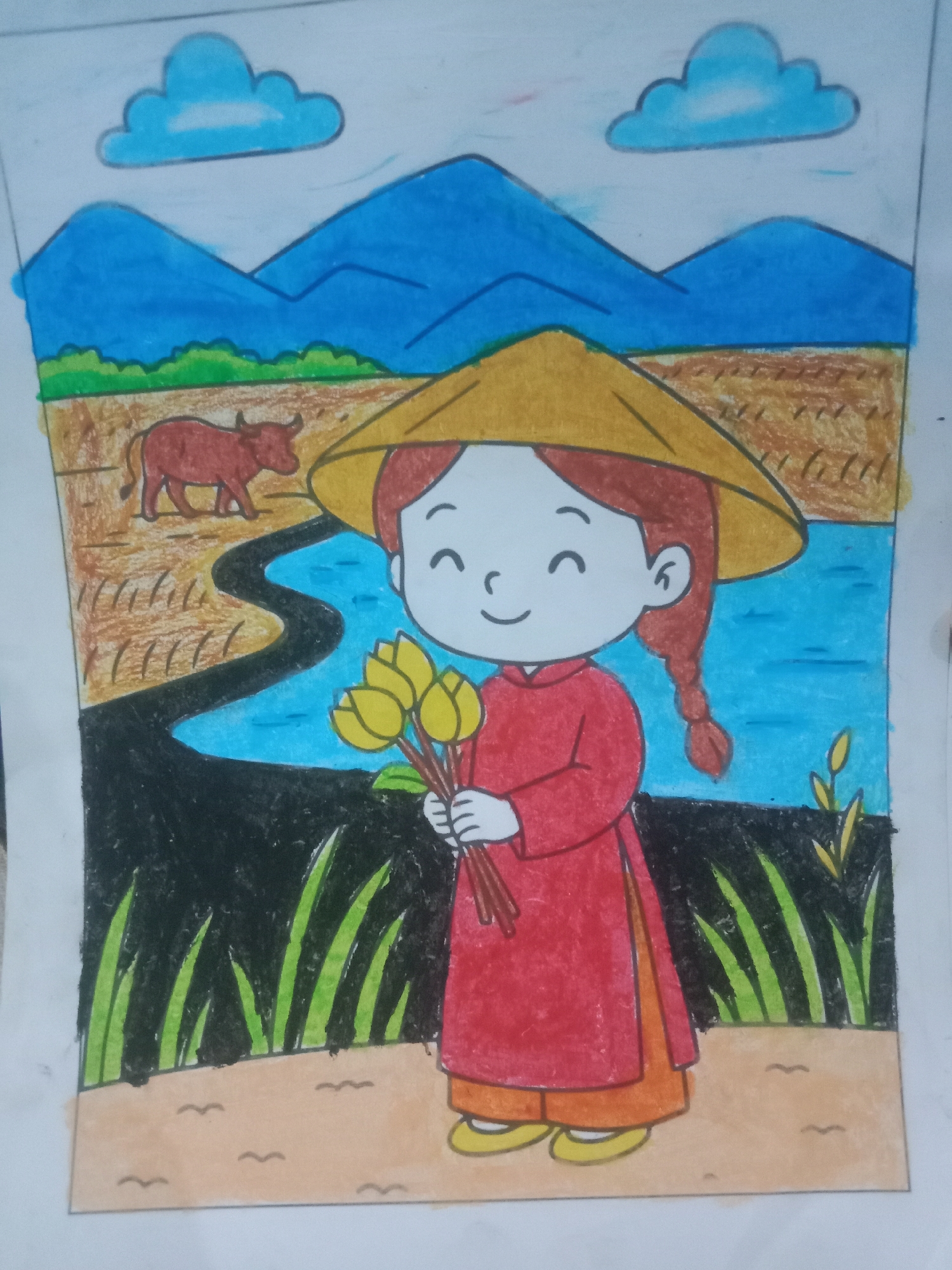 The image is a colored drawing depicting a young girl in a red traditional outfit and a conical hat, holding a bouquet of yellow flowers. She stands in the foreground, with a river flowing behind her. In the middle ground, a brown cow grazes in a field, and in the background, blue mountains are visible under a pale sky with two fluffy clouds. The scene evokes a rural Indonesian landscape, potentially in a place like Kedungsari, Indonesia, a region known for its agricultural scenery. The drawing style is simple and child-like, with bold colors and clear outlines.