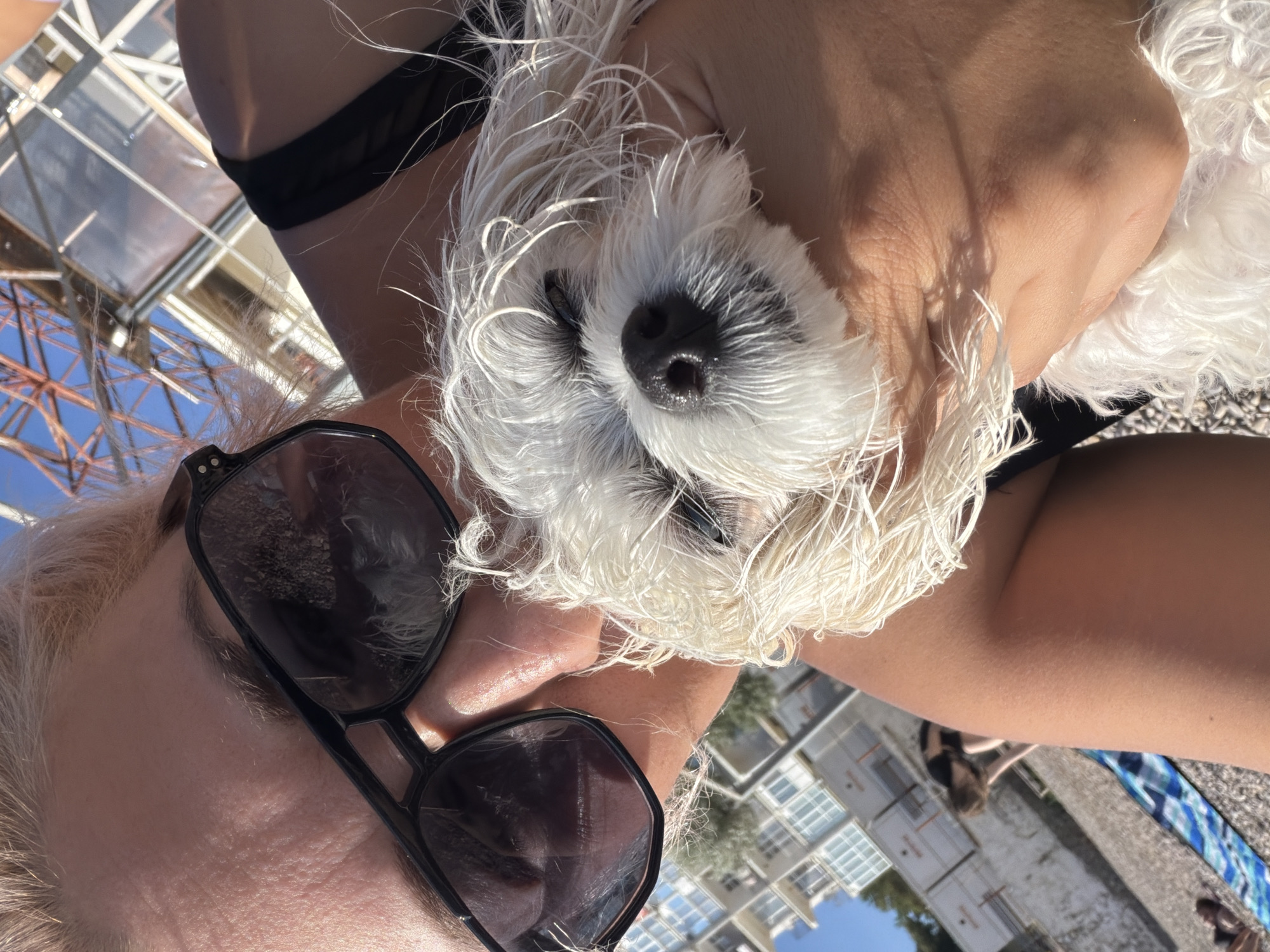 A close-up selfie shows a fair-skinned person with blonde hair, wearing black sunglasses and a black bathing suit top. The person is holding a small white dog with wet fur in their left arm. The dog's face is visible, with its nose touching the person's chin. In the background, a beach is visible with a blue and white striped towel, pebbles, and a person in a black t-shirt sitting down. Behind them, there are white buildings and a bright blue sky. The overall scene suggests a day at the beach. The location is the city of Kachynskyi Okruh, Ukraine.