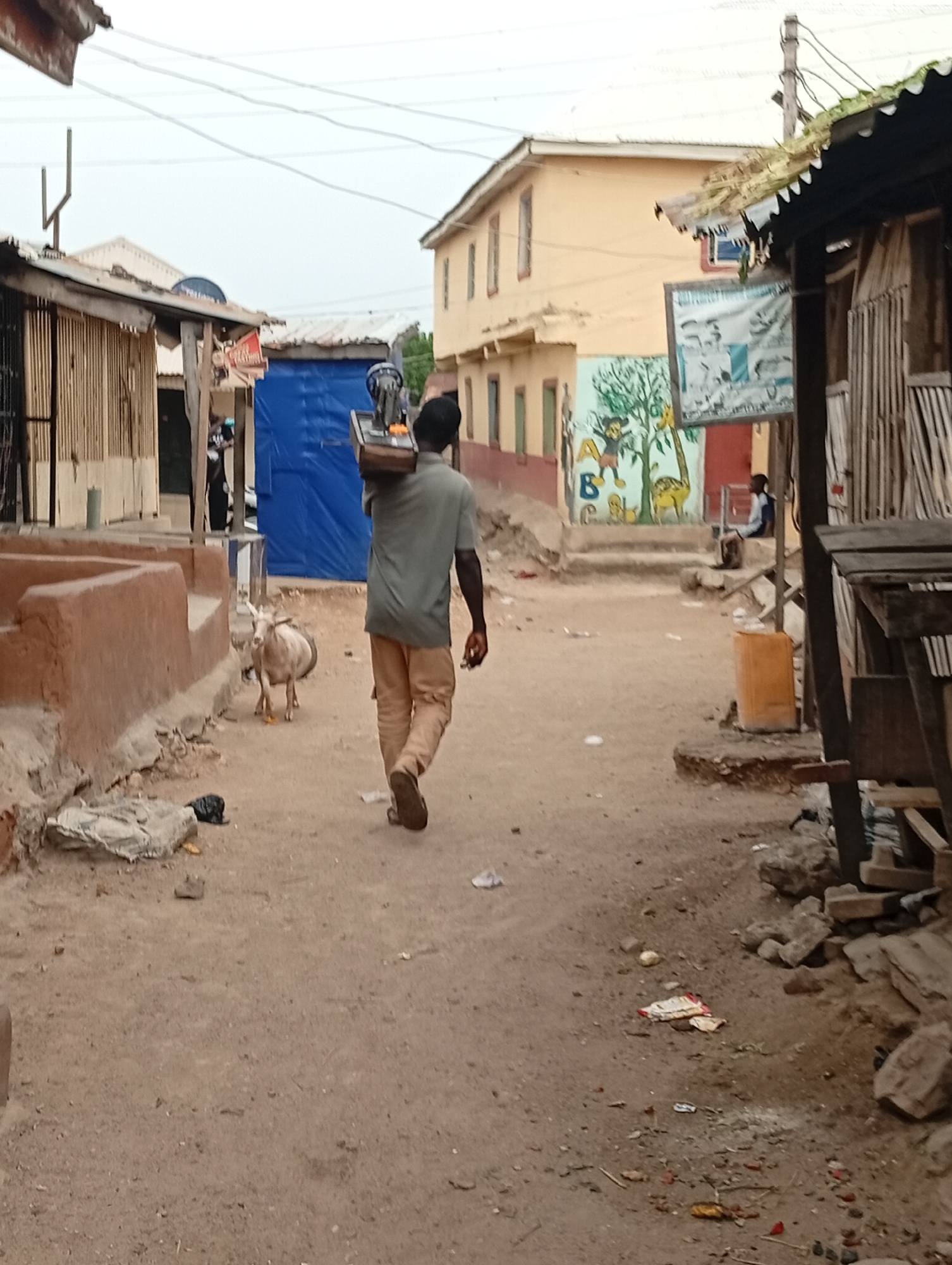 In Adankolo, Nigeria, a man walks down a dirt street carrying an object on his shoulder. He is wearing a gray shirt and tan pants. A white goat is walking along the side of the road. Buildings are on either side of the street. A mural is painted on the side of one of the buildings. Debris is scattered on the ground.