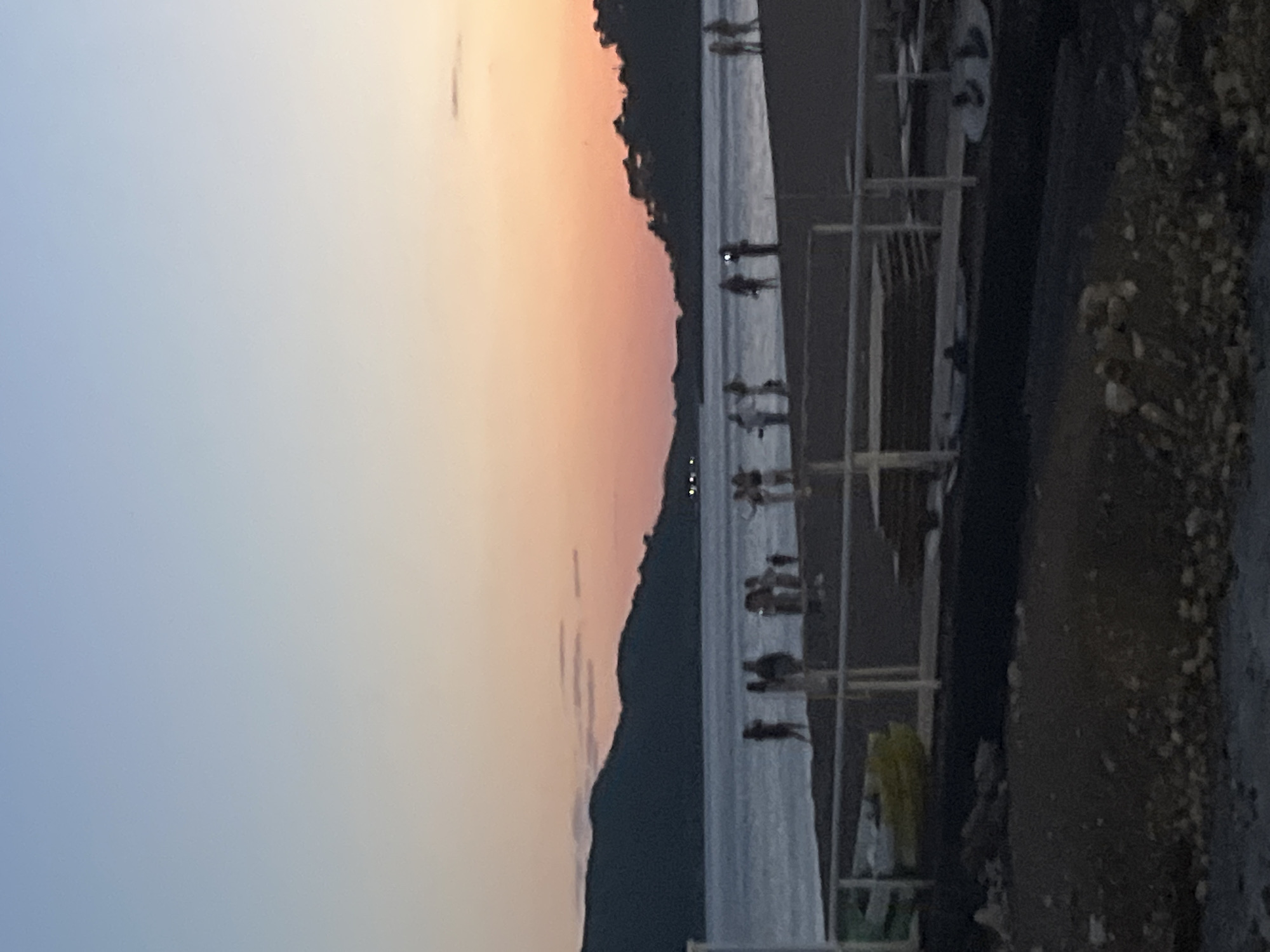 The image depicts a serene coastal scene at twilight, likely dusk, with a soft gradient sky. The sky transitions from a pale blue on the left to warm orange and pink hues on the right, suggesting the sun has either just set or is about to rise.
Along the horizon, a dark, undulating silhouette of mountains or hills stretches across the middle of the frame, casting a strong contrast against the luminous sky. Below the mountains, a calm body of water, possibly the Adriatic Sea, appears silvery-blue, reflecting the sky's light.
Within this shallow water, numerous figures, around 10 to 15 individuals, are visible as dark silhouettes. They appear to be standing or wading, enjoying the tranquil conditions. Their postures suggest casual relaxation or gentle activity in the water.
In the foreground, a dark, textured strip of land, likely a pebbly beach or rocky shore, occupies the bottom right portion of the image. A white railing or barrier, possibly part of a promenade or jetty, runs horizontally along the edge of this foreground, separating it from the water. A small, indistinct yellow object, possibly a towel or bag, can be glimpsed hanging on the railing in the lower right. Small bright points of light, perhaps from distant buildings or boats, twinkle on the water's surface near the silhouetted coastline.
The overall scene conveys a peaceful and atmospheric moment, characteristic of an evening on the coast of Rafailovići, Montenegro. No visible text is present in the image.