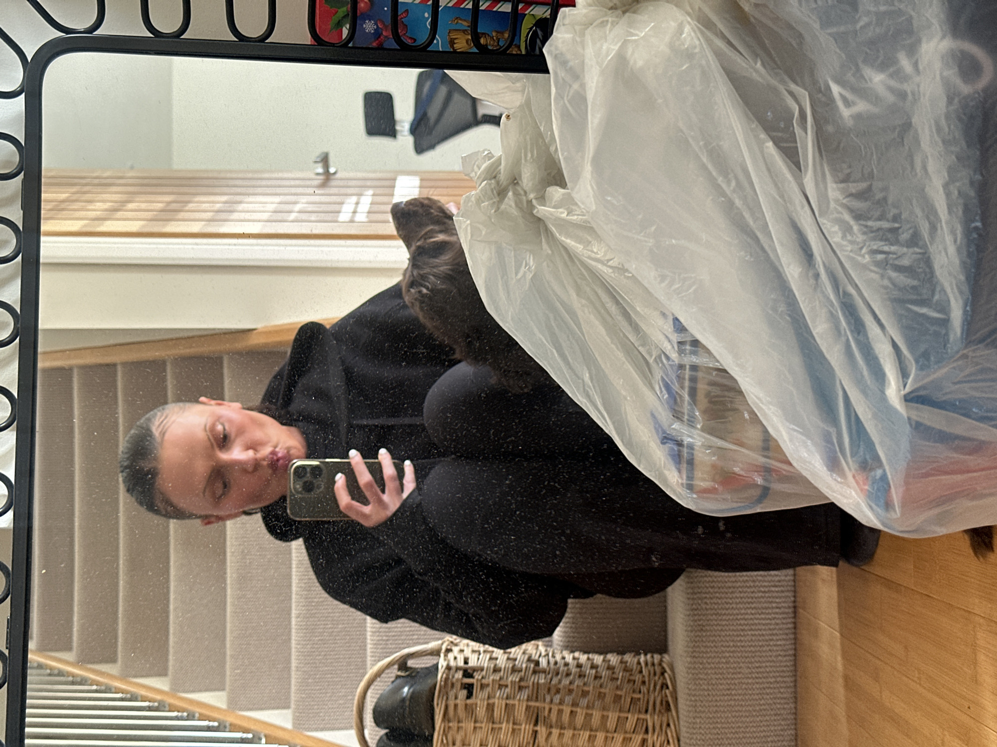 This scene depicts an indoor residential setting in the city of Wealden, United Kingdom. The image is a mirror selfie, showing an individual, presumably female, with light skin and hair pulled back, sitting or squatting on a carpeted staircase. She wears a black hooded top and black pants. Her right hand, with white nail polish visible on the fingernails, holds a dark-colored smartphone, angled towards the mirror, indicating she is taking the photo. Her lips are pursed in a pouting expression.
To her right, partially obscured by several translucent plastic bags containing various items, is a dark brown, wavy-furred dog, its head visible looking upwards and slightly to the right. The plastic bags rest on a light-colored wooden floor, which extends into the foreground. To the individual's left, on the first step or floor, stands a tall, light brown wicker basket containing dark shoes.
The mirror, framed in black with decorative scrollwork along its top and right edges, reflects a room behind the camera's position. This reflection shows a light-colored wooden door and doorframe, along with a glimpse of an office chair with a black backrest. On the far right, adjacent to the mirror frame, a thin, black vertical object displays holiday-themed decorations and a cartoon character image (e.g., Groot). The staircase behind the individual is carpeted in a light beige or grey tone.