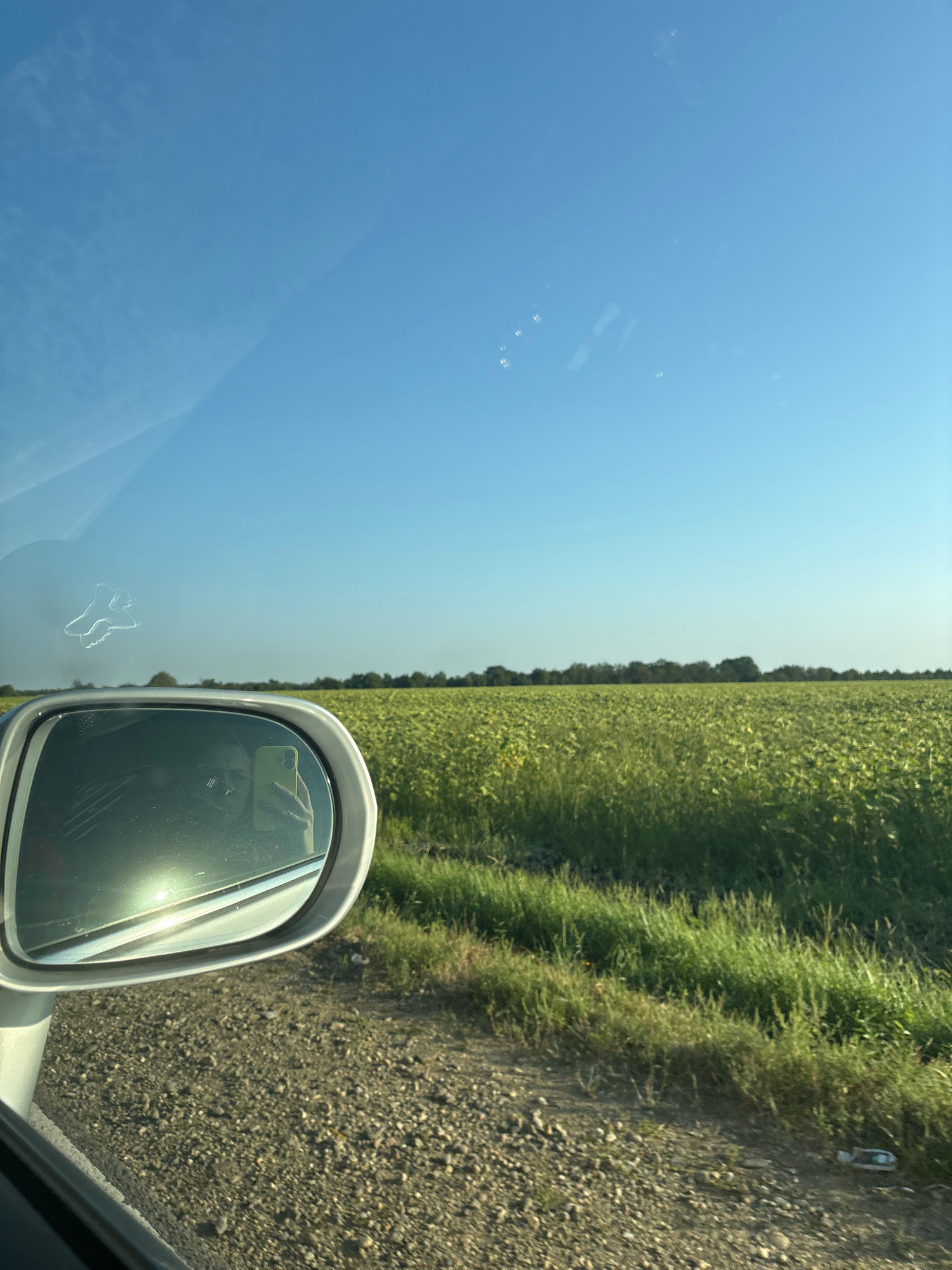 A person is taking a selfie in a car's side mirror, reflecting a clear blue sky and a field of sunflowers. The car appears to be on a gravel road, with grass and more sunflowers bordering the right side of the road. The image is captured in the city of Verkhnevedeneyevskiy, Russia, during daylight. There are no other people or significant objects visible in the scene besides the person and their car's reflection.