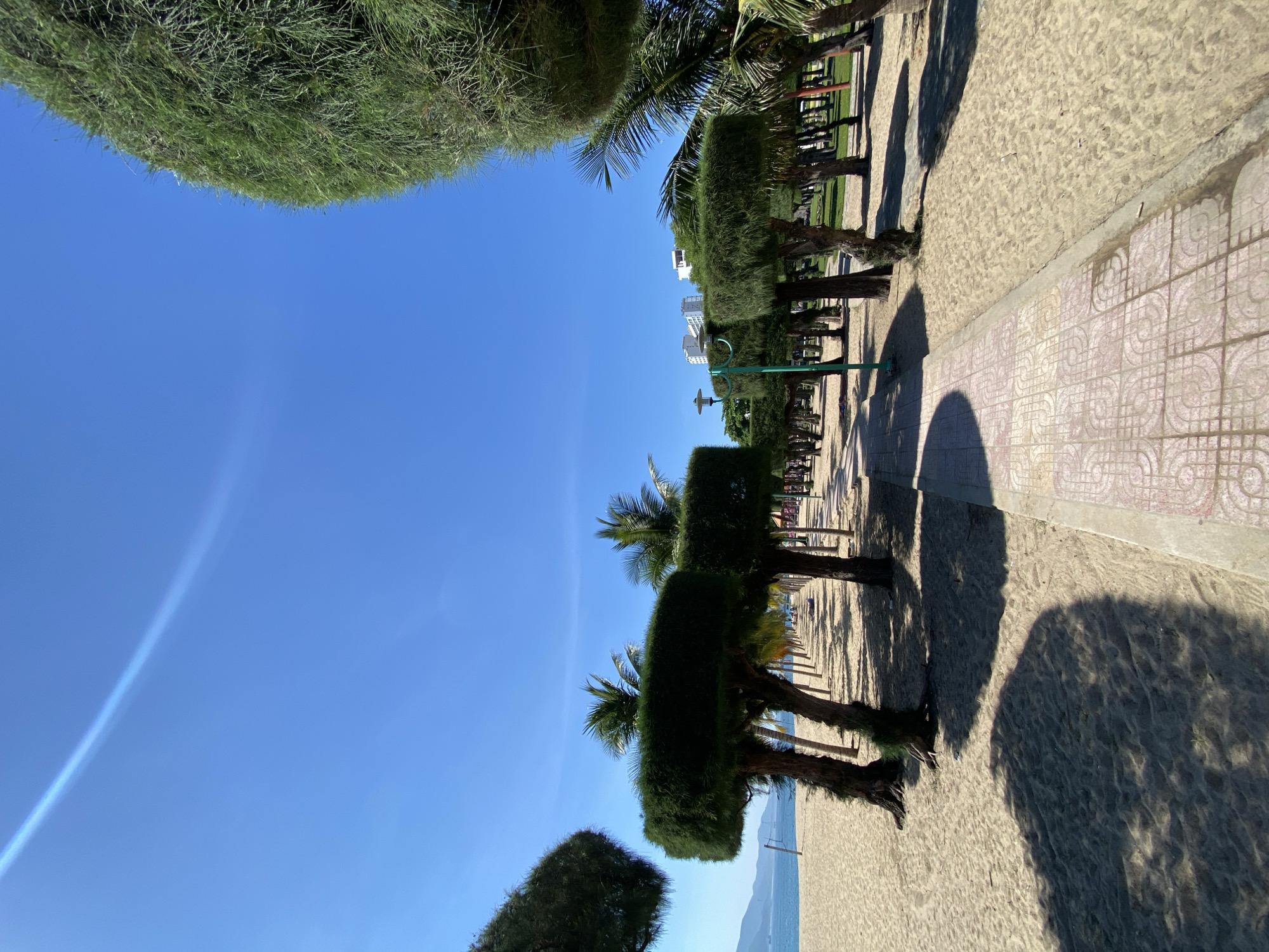 The image depicts a sunlit beach scene with a clear blue sky. The perspective is low, looking upwards, and the image is rotated 90 degrees counter-clockwise. The foreground is dominated by a sandy beach with a patterned tiled walkway running alongside it. A line of trees, some with palm fronds and others trimmed into rectangular shapes, casts long shadows across the sand. In the distance, several modern buildings can be seen against the sky.
The scene appears to be set in Nha Trang, Vietnam, indicated by the presence of a beach, palm trees, and tropical vegetation. The bright sunlight and clear sky suggest it is daytime, likely mid-morning or afternoon, with good weather. There are no people prominently visible in the frame, but the presence of beach chairs and a volleyball net in the distance hints at leisure activities. The overall mood is serene and idyllic, characteristic of a beach resort. No text is visible in the image.
