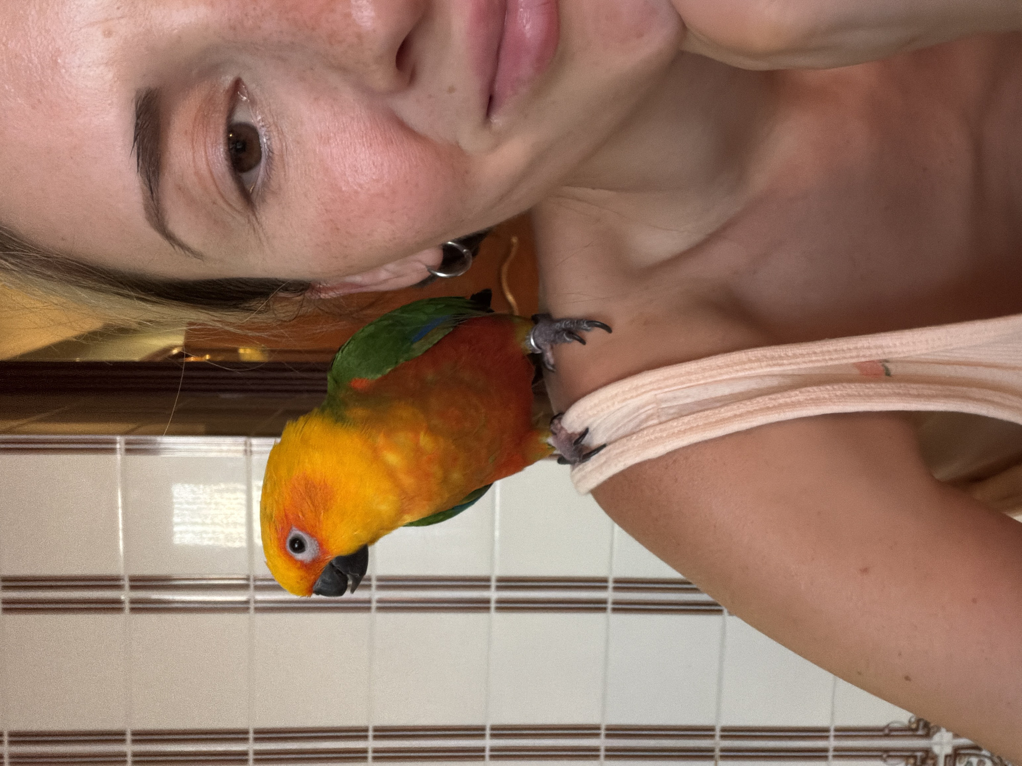 A sun conure parrot is perched on the shoulder of a woman whose right side of her face is visible in a close-up shot. The parrot, a colorful bird with yellow, orange, and green plumage, faces left with its beak slightly open. The woman, who has fair skin with freckles and light brown hair pulled back, is looking towards the camera with a slight smile. She is wearing a light-colored tank top. The background consists of a tiled wall with vertical brown lines and a wooden surface. The scene appears to be indoors. This image does not provide any specific information to determine its location in the city of Khimki, Russia.