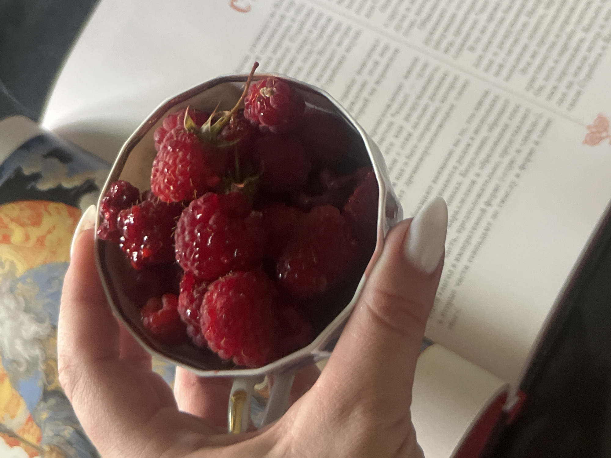 A close-up shot shows a hand holding a small, decorative cup filled with fresh raspberries. The cup has a delicate, scalloped edge and a gold accent on the handle, suggesting it might be a teacup or a small decorative bowl. The raspberries are a deep red, glistening and appearing plump and ripe. One raspberry near the top of the cup has a small green stem still attached.
Behind the cup and hand, an open book is visible. The pages are covered with lines of text, and a subtle illustration, possibly of a floral design, is visible on the right-hand page. The book is resting on a surface that appears to be dark in color, possibly a table or desk. To the left of the book, a portion of another object is visible, which seems to be a painting or a decorative cloth, featuring abstract shapes and colors in shades of blue, yellow, and white. The lighting suggests it might be daytime, with natural light illuminating the scene. The overall mood is casual and domestic, possibly indicating a moment of enjoyment or a quiet pause. The image is taken in Tikhoretsk, Russia.
