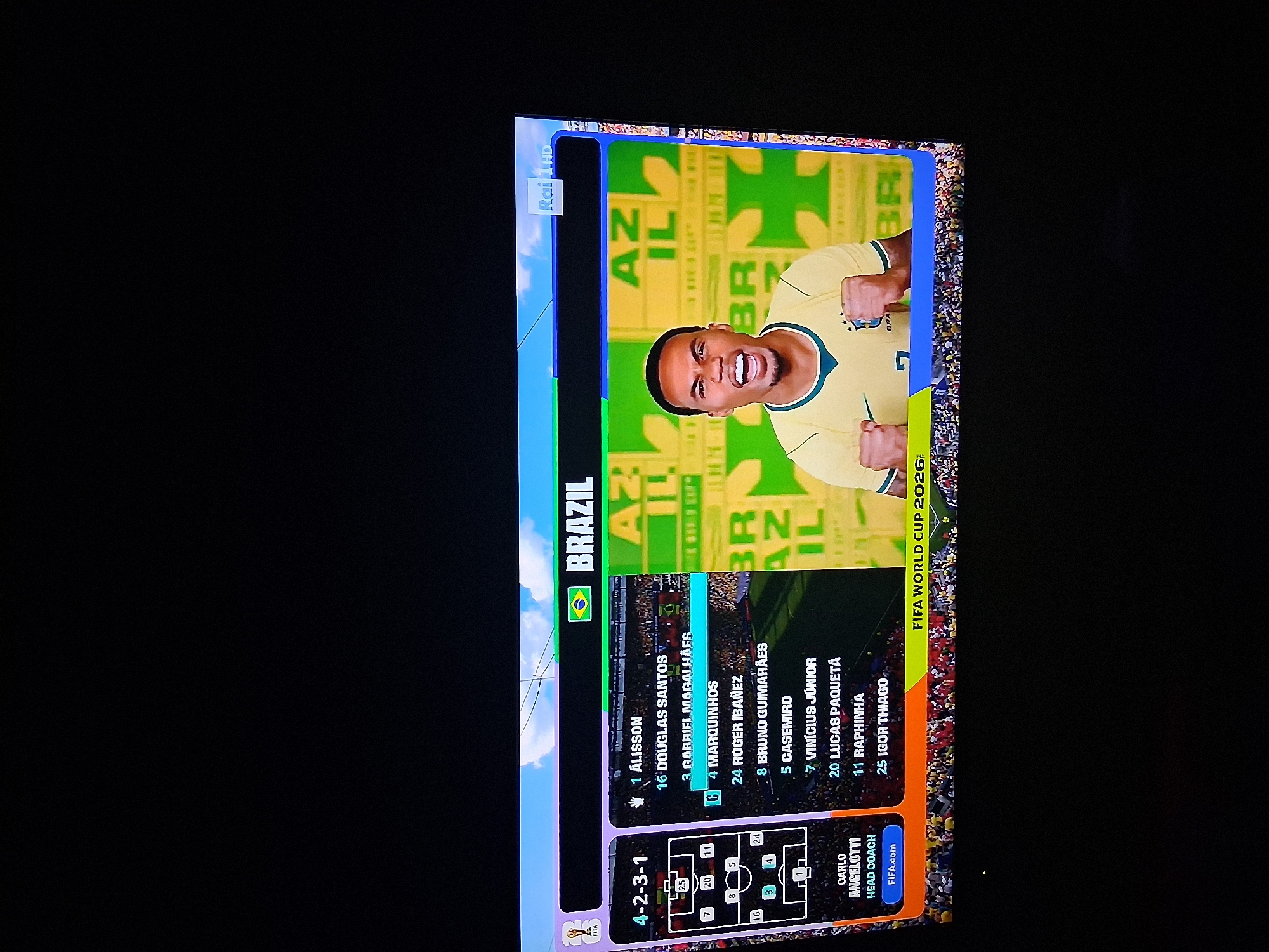 This is a photograph of a television screen displaying a soccer match lineup for Brazil. The screen shows the team formation "4-2-3-1" on the left, with player numbers and positions indicated. A list of players is displayed, including "1 ALISSON," "16 DOUGLAS SANTOS," "3 GABRIEL MAGALHÃES," "4 MARQUINHOS," "24 ROGER IBÁÑEZ," "8 BRUNO GUIMARÃES," "5 CASAMIRO," "7 VINÍCIUS JÚNIOR," "20 LUCAS PAQUETÁ," "11 RAPHINHA," and "25 IGOR THIAGO." The head coach is listed as "CARLO ANCELOTTI." The right side of the screen features a large image of a Brazilian soccer player celebrating, with the text "BRAZIL" and "FIFA WORLD CUP 2026" visible. The background on the right is a vibrant green and yellow pattern. The television is situated in a dark room, with a portion of the ceiling visible at the top of the frame. The photograph appears to have been taken from a slightly upward angle. There is no indication in the image that it is located in the city of Colorno, Italy.