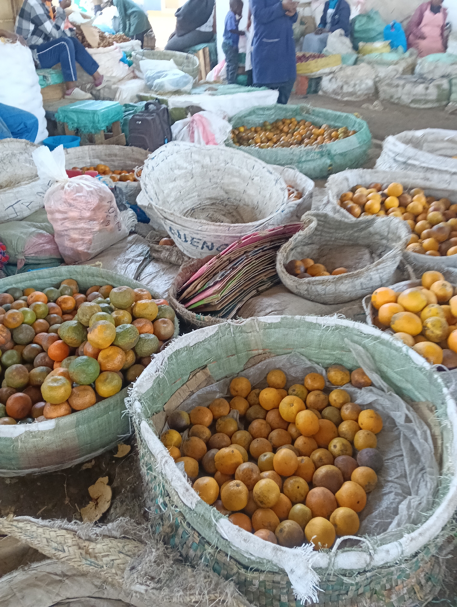 This is a market scene, likely in Nairobi, Kenya, with a focus on a display of fruits, predominantly oranges. Multiple large woven baskets and burlap sacks are filled with various types of oranges, some with green hues and others fully orange. In the foreground, a large green-lined sack overflows with oranges of different sizes and colors. To its right, another similar sack is also filled with oranges. In the background, a variety of people are visible, some appearing to be vendors or shoppers, with some individuals dressed in casual clothing and others in more formal attire. The environment suggests an outdoor or semi-outdoor market setting, with a rough, uneven floor and piles of sacks and baskets forming the stalls. The lighting appears to be natural, indicating daytime. The overall impression is one of a bustling market where fresh produce is being sold.
