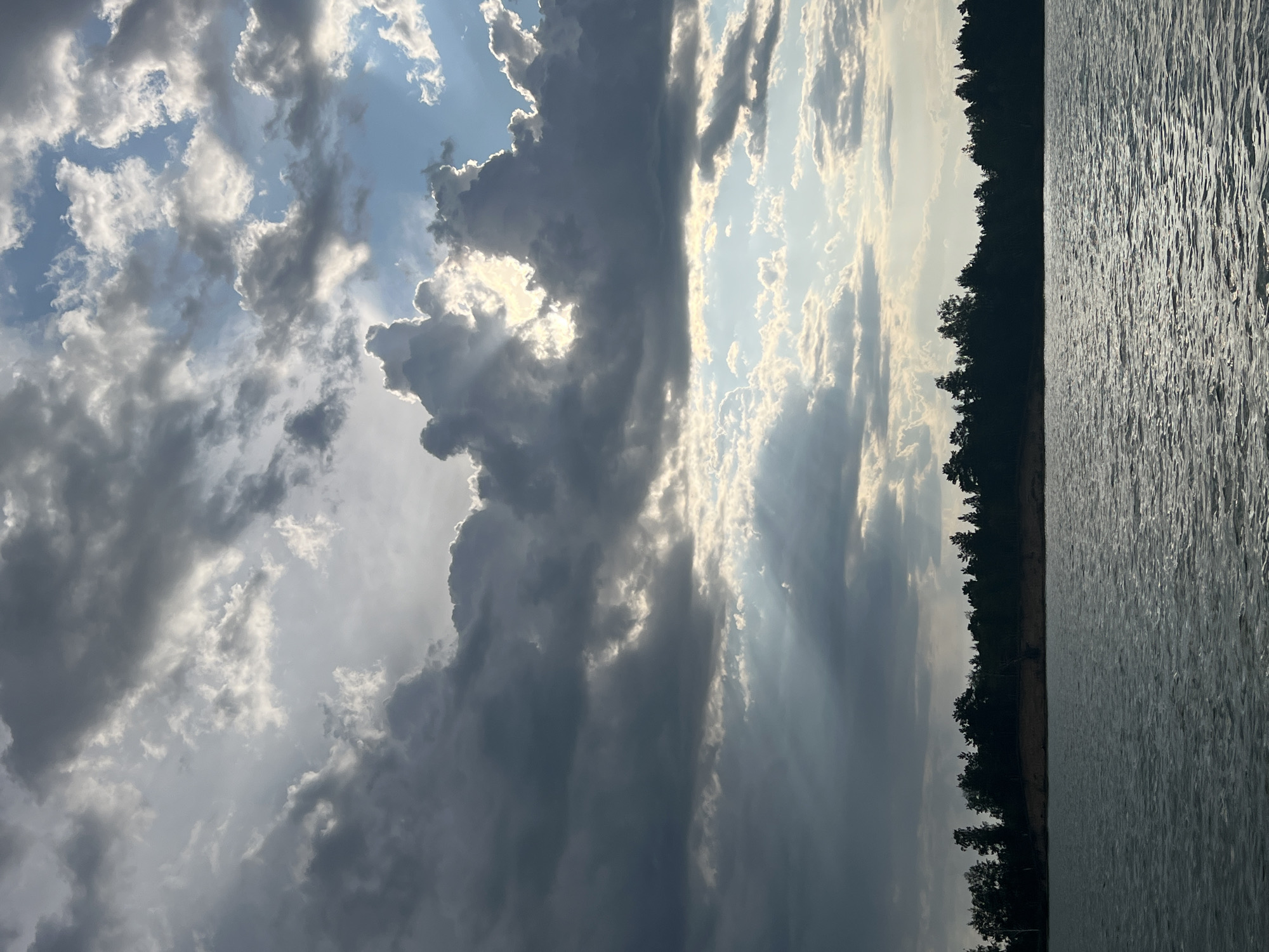 A landscape photograph depicts a body of water in the foreground, with a tree-lined shore and a dramatic sky in the background. The water is a muted gray-blue, reflecting the sky above with a subtle shimmer. The shore is a dark silhouette of dense trees, with a lighter band of earth visible just above the waterline. Above the horizon, the sky is filled with a mixture of dark, heavy clouds and brighter patches where sunlight breaks through. The sunbeams create a dappled, atmospheric effect, highlighting the texture of the clouds. The overall impression is one of a moody, yet beautiful, natural scene. The location is identified as Borovoye, Russia.