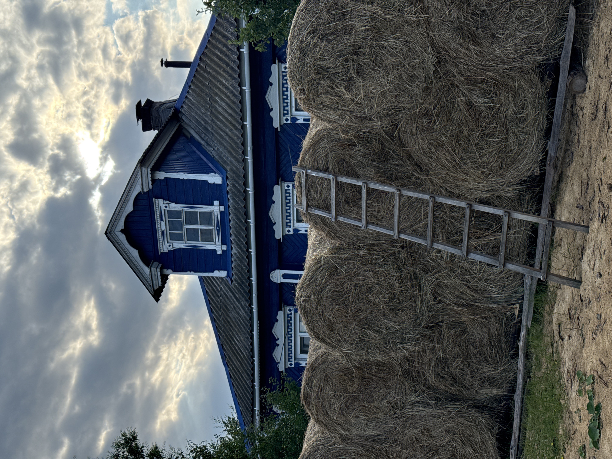 In the city of Vetluzhsky, Russia, an outdoor scene is depicted with a vibrant blue wooden house featuring white ornate trim and a grey corrugated roof. The house has several windows with decorative framing. In front of the house, a row of large, round hay bales is visible. A wooden ladder leans against the hay bales, suggesting a recent or ongoing activity related to the hay or the house. The ground in front of the hay bales is covered with sand and some scattered green vegetation. The sky above is dramatic, with a mix of grey and white clouds, some of which are backlit by sunlight. The overall atmosphere is rustic and rural.