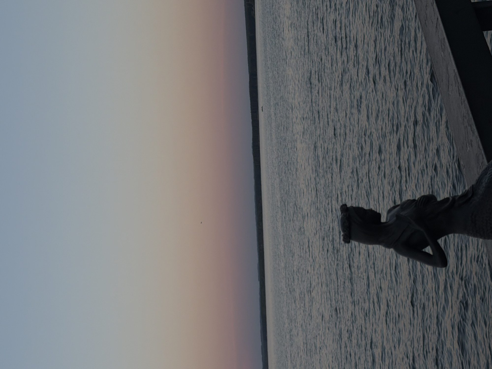 The image shows a statue of a woman on the edge of a waterfront, likely in the city of Chaikovsky, Russia. The statue is positioned so that she appears to be looking out over a large body of water, possibly a river or reservoir, which stretches to the horizon. The sky transitions from a light blue to shades of orange and pink, indicating either sunrise or sunset. A thin strip of land or trees is visible in the distance across the water. A part of what seems like the structure that the statue is mounted on can be seen on the right side of the image.