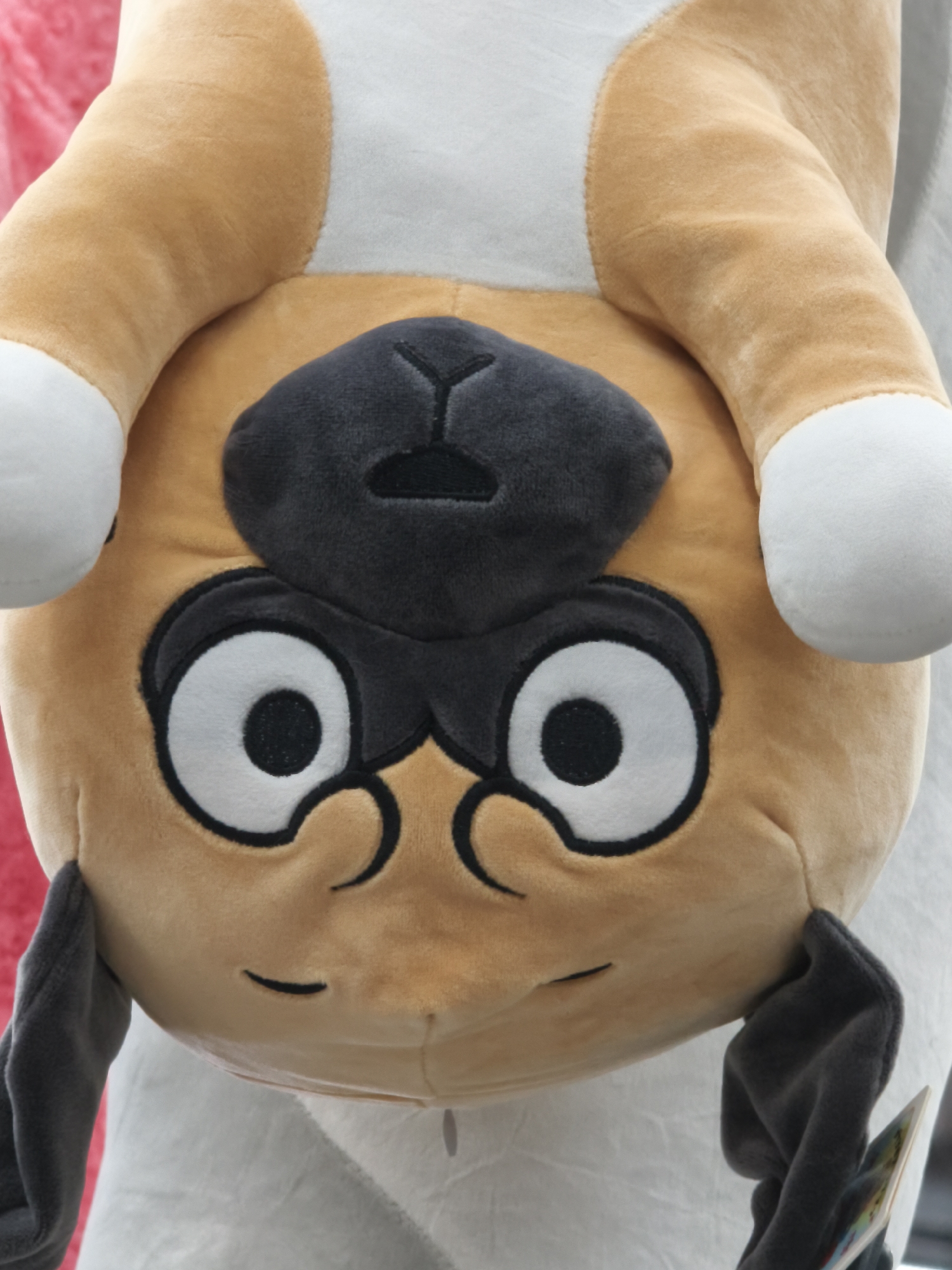 This is a close-up, vertically oriented photograph of a stuffed pug toy. The toy is predominantly light brown and cream colored, with a dark gray muzzle and ears. The pug's face is large and prominent in the frame, featuring oversized, circular white eyes with black pupils, and a small, stitched black mouth. The toy is positioned upside down, with its paws hanging downwards. The background is a blur of pink and white. The image location is identified as Chaikovsky, Russia.