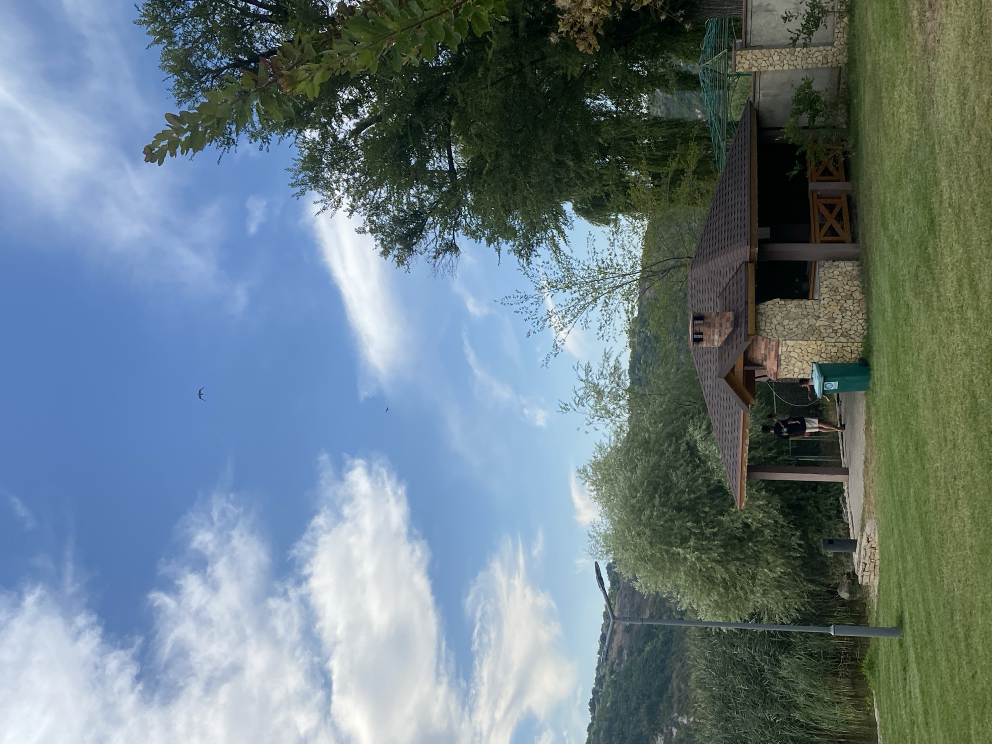 The image shows a sunny day with scattered clouds in a rural area of Molovata Nouă, Moldova. A small, stone-and-wood pavilion with a dark-shingled roof is situated on a grassy lawn. A person stands on the open-air porch of the pavilion. To the left of the pavilion, tall reeds grow along the edge of a body of water. In the background, a tree-covered hillside slopes upwards. A lamppost stands to the left of the pavilion. Two birds are visible in the sky. The scene appears to be a recreational area near the Dniester River.