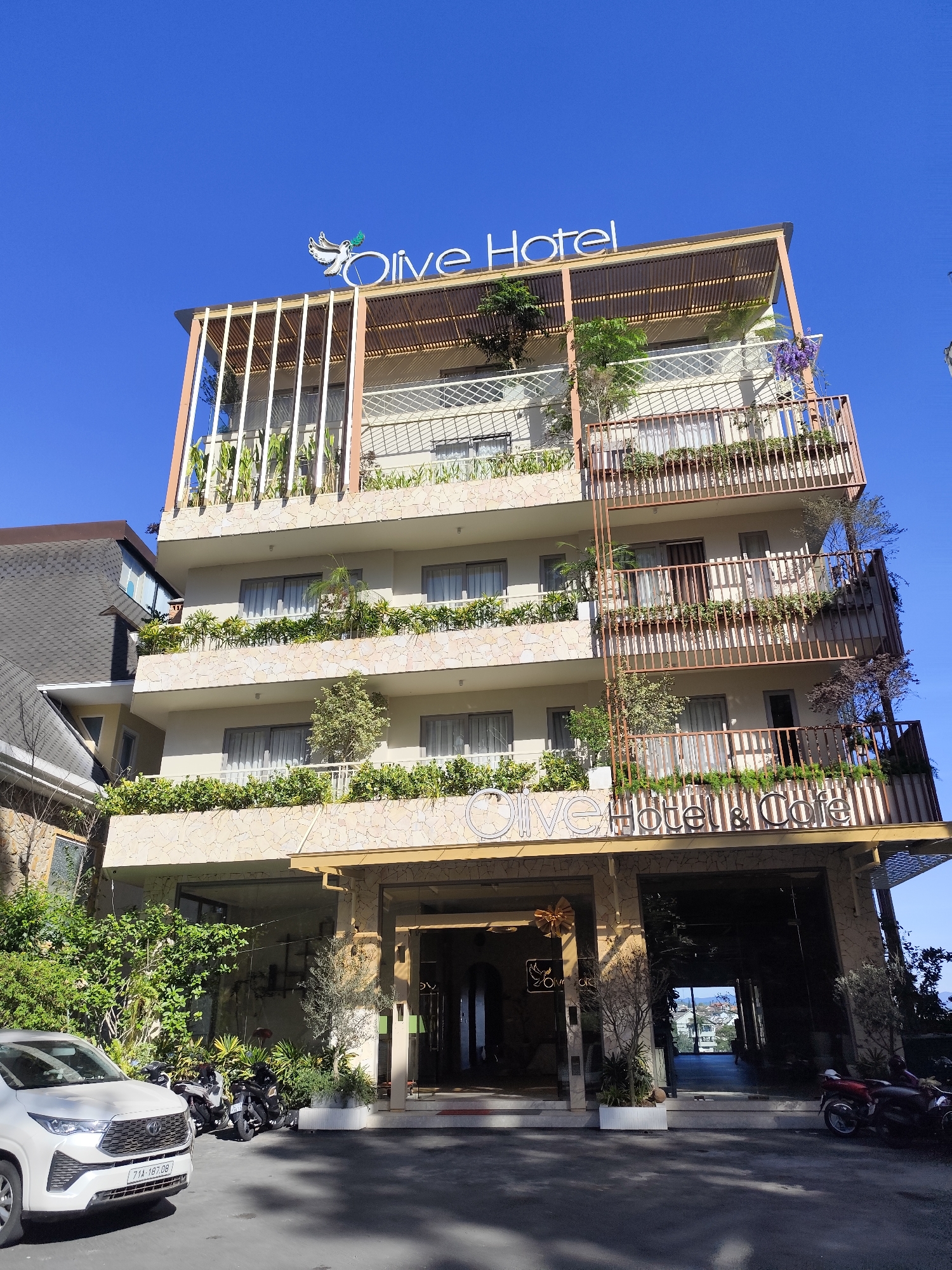 A full exterior daytime shot shows the Olive Hotel & Cafe in Da Lat, Vietnam. The multi-story building is beige and tan, with plants and greenery integrated into each level. A white SUV is parked to the left, and a motorcycle is parked to the right. The hotel's name is prominently displayed at the top and entrance of the building. The sky is clear and blue.