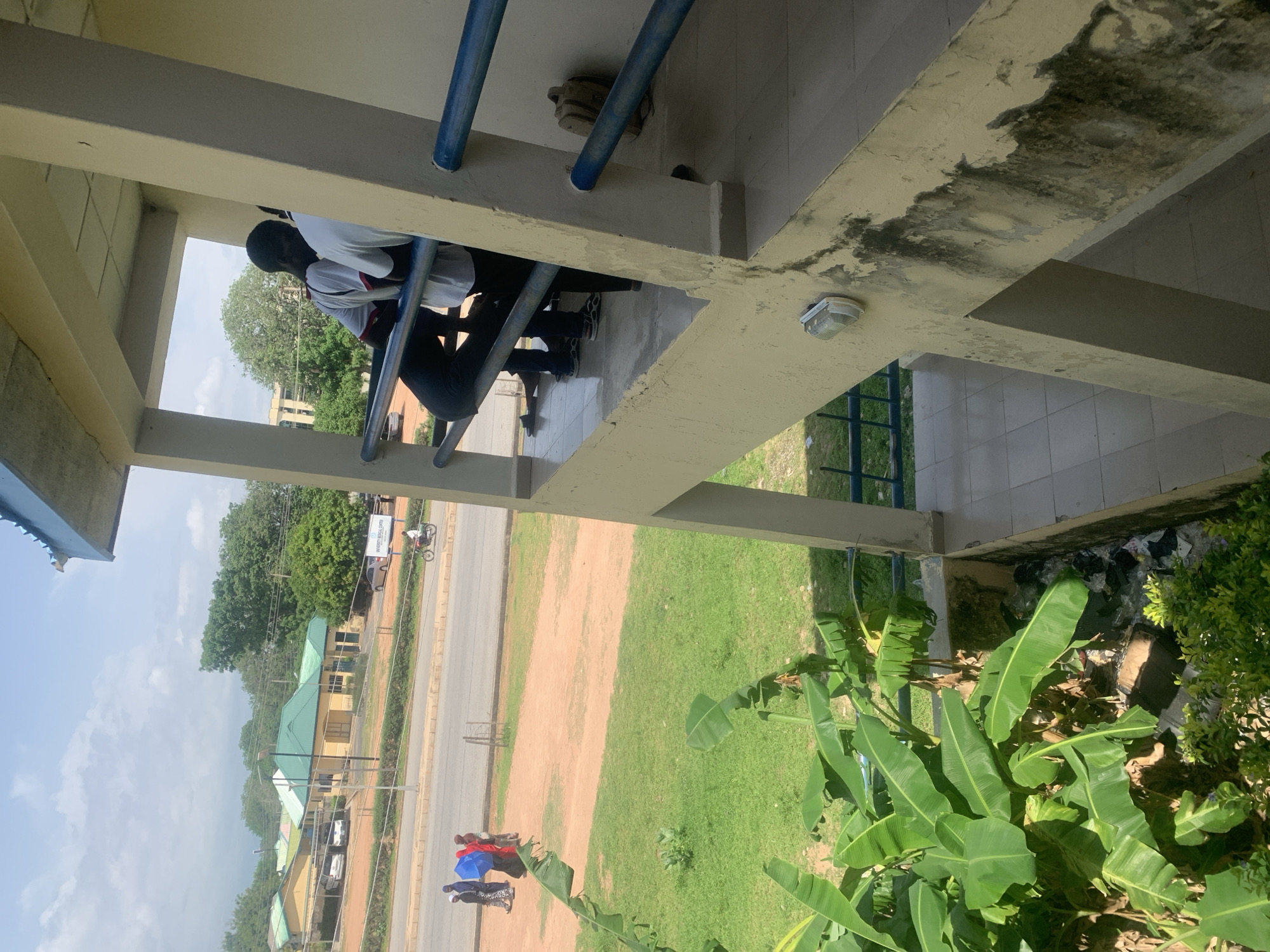 The image depicts an outdoor scene, likely on a university campus in Jalingo, Nigeria. The perspective is from a covered walkway or balcony, looking outwards towards a street and buildings. In the foreground, several large banana leaves are visible, suggesting a tropical or subtropical environment.
Underneath the walkway, two individuals are seated, possibly students, wearing light-colored shirts and dark pants. One person is facing away from the camera, while the other is partially visible, also facing away. They appear to be engaged in conversation or studying, though their specific activity is unclear.
Beyond the walkway, a paved road runs alongside a grassy area. Across the road, several buildings with green roofs are visible, some appearing to be educational facilities. A sign with text that is too blurry to read clearly is mounted on a pole near one of the buildings. A few cars are parked near the buildings. Further down the road, a few people are walking, one carrying a blue umbrella. A motorcycle is also visible on the road.
The sky is bright and clear, indicating it is daytime, likely with sunny weather. The overall atmosphere appears casual and everyday. The architecture of the buildings and the presence of banana plants provide some clues to the location, consistent with a tropical region in Nigeria.