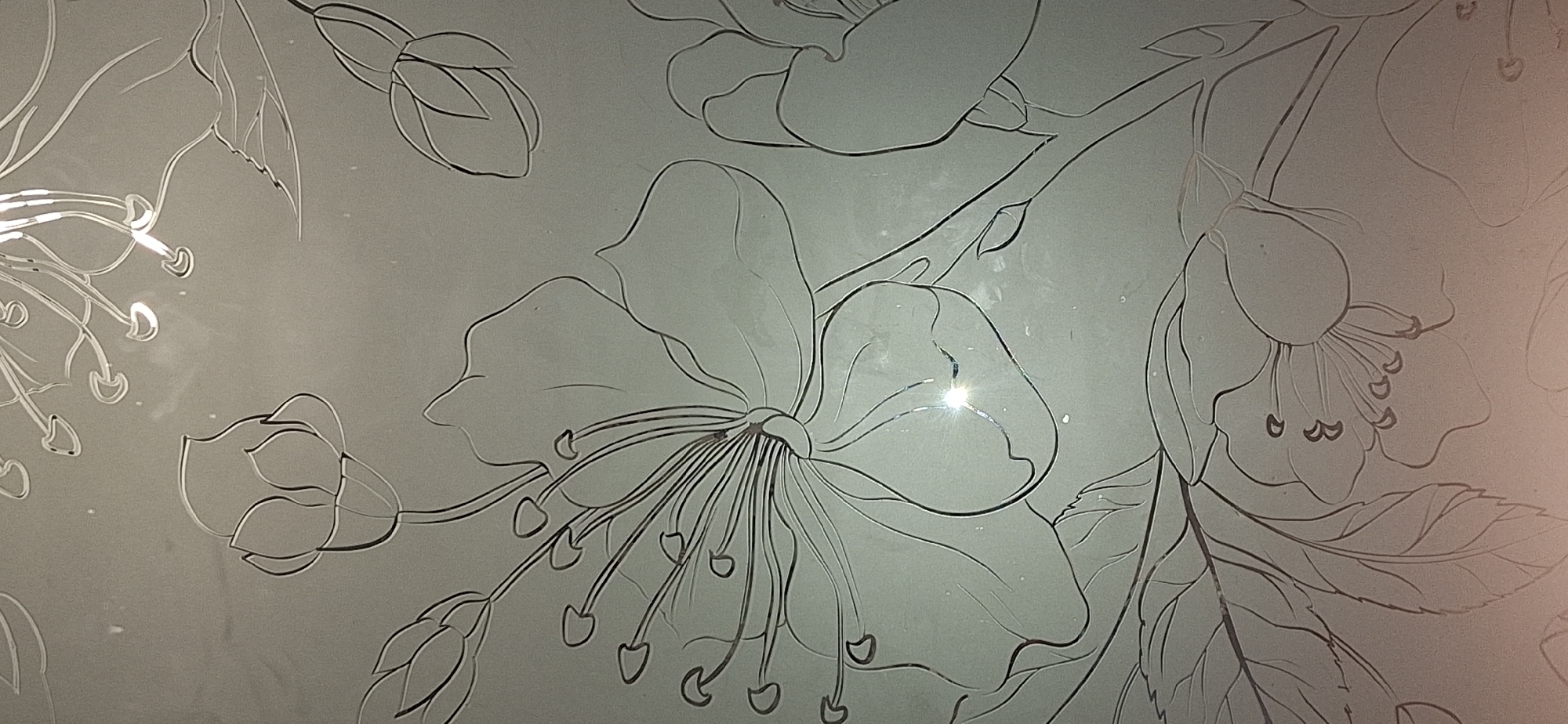 This is a close-up photograph of etched glass with a floral design. The etching depicts various stages of flower and bud development, possibly of cherry blossoms or a similar flowering tree, with delicate lines outlining petals, stamens, and leaves. The background is a smooth, light-colored surface, likely the glass itself, with some minor imperfections or dust visible. The lighting creates reflections and highlights on the etched surfaces, emphasizing the depth and detail of the artwork. The photograph does not show any specific location in Bila Tserkva, Ukraine, nor does it depict any people, actions, or interactions.