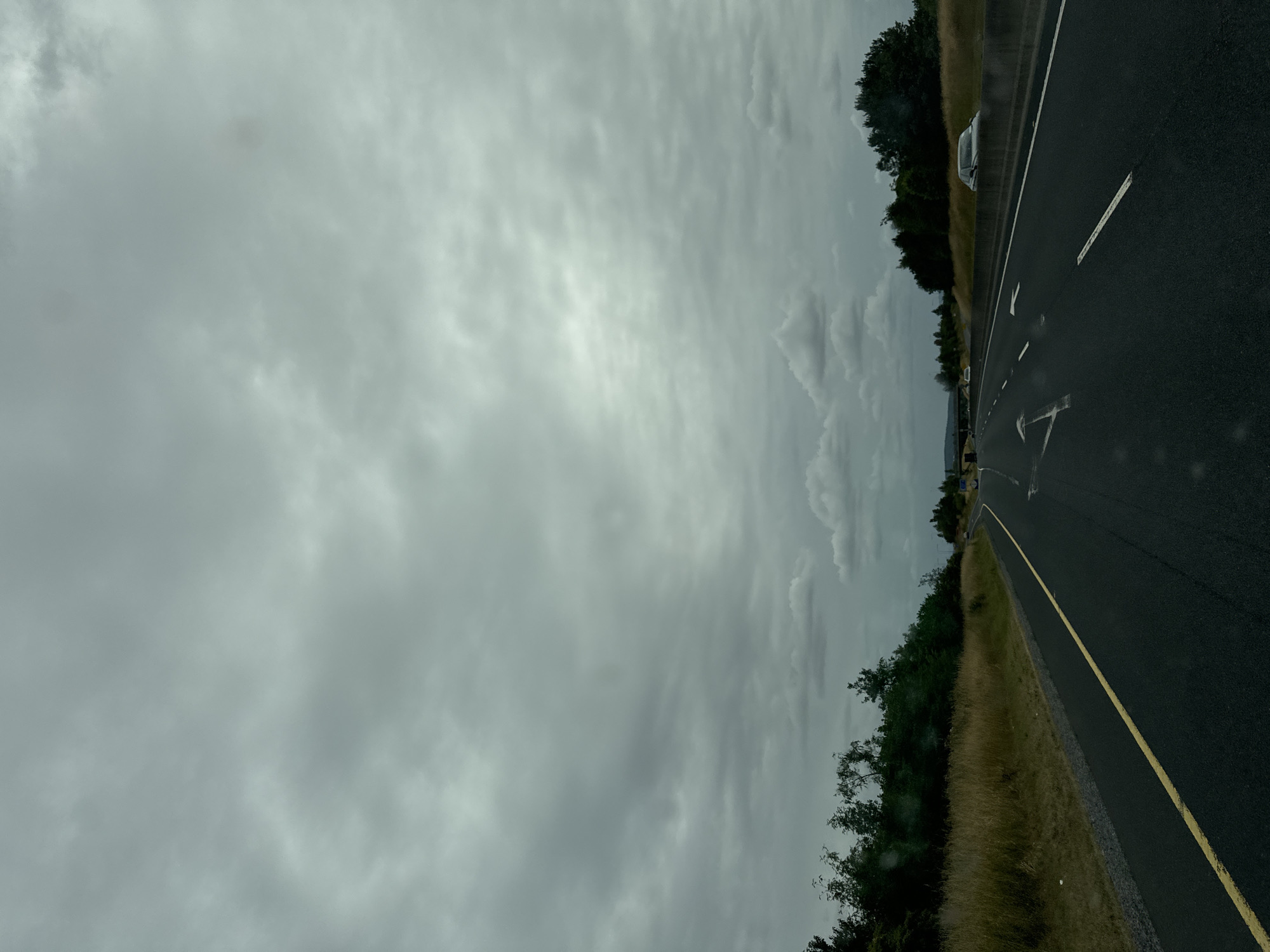 The image shows a highway in Ireland on a cloudy day. The road is asphalt, with a yellow line marking the left lane and white lines marking the lanes. There are trees and grass on the sides of the road. A few cars are visible on the highway. The sky is overcast with gray clouds. The image does not show the city of Nine Tree Hill.