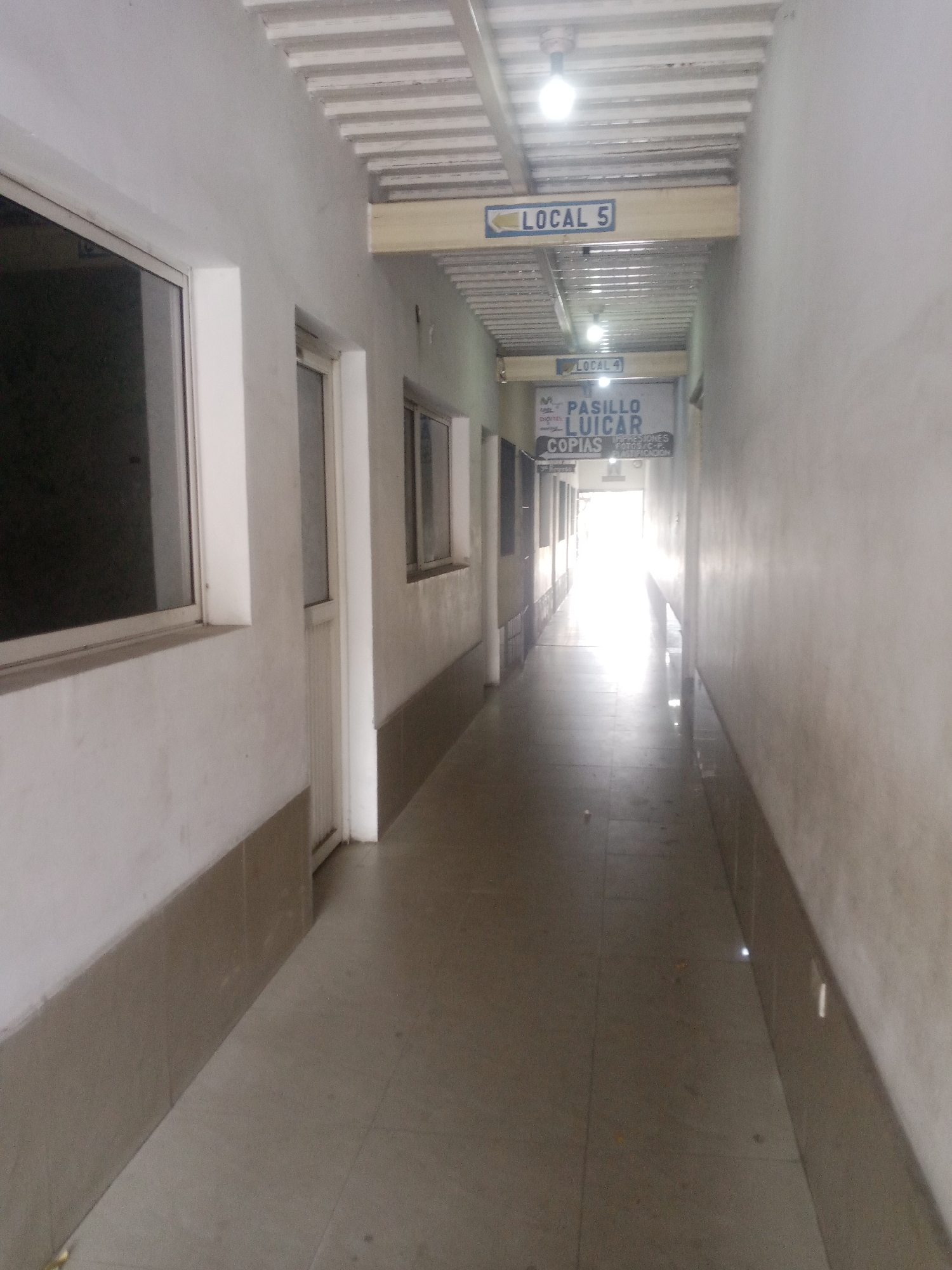 This is a forward-facing, eye-level, medium shot of a well-lit indoor hallway in Santa Ana, Venezuela. The hallway is long and narrow with white walls and a light gray tiled floor. The ceiling is made of white corrugated metal with exposed beams and lighting fixtures. On the left side of the hallway, there are several windows with dark panes and white frames. A white door is visible further down the hall. Above the windows, there are beige signs with blue lettering. One sign reads "LOCAL 5" with a left-pointing arrow. Further down the hallway, another beige sign with blue lettering reads "LOCAL 4". Below the "LOCAL 4" sign is a larger, white sign with blue lettering that says "PASILLO LUICAR" and "COPIAS" with smaller text underneath that is difficult to read. The hallway recedes into a bright light at the far end, suggesting an exit or a brighter area. The overall impression is that of a commercial or institutional building.