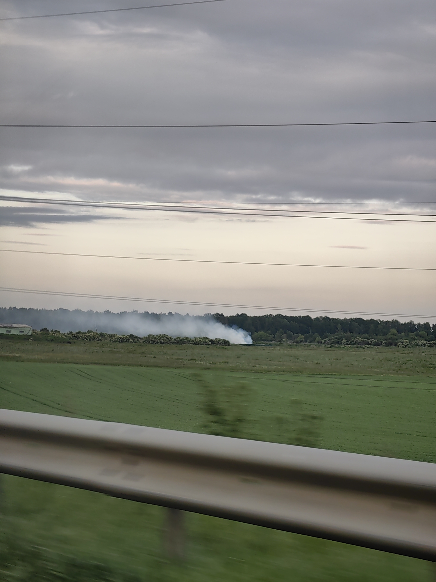 The image captures a rural landscape on the outskirts of Дзяржынскі сельскі Савет, Belarus. In the foreground, a blurred metal railing runs horizontally, indicating the viewpoint is from a moving vehicle. Beyond the railing, a vibrant green field stretches out, with visible tire tracks suggesting agricultural activity. A thin line of trees forms a dark horizon in the midground. To the left of the treeline, a white building is partially visible. A plume of white smoke is emanating from the area near the building and the treeline, obscuring a portion of the landscape. The sky above is filled with soft, grey clouds, with lighter hues near the horizon, suggesting either dawn or dusk. Power lines are strung across the sky, adding a man-made element to the natural scenery.