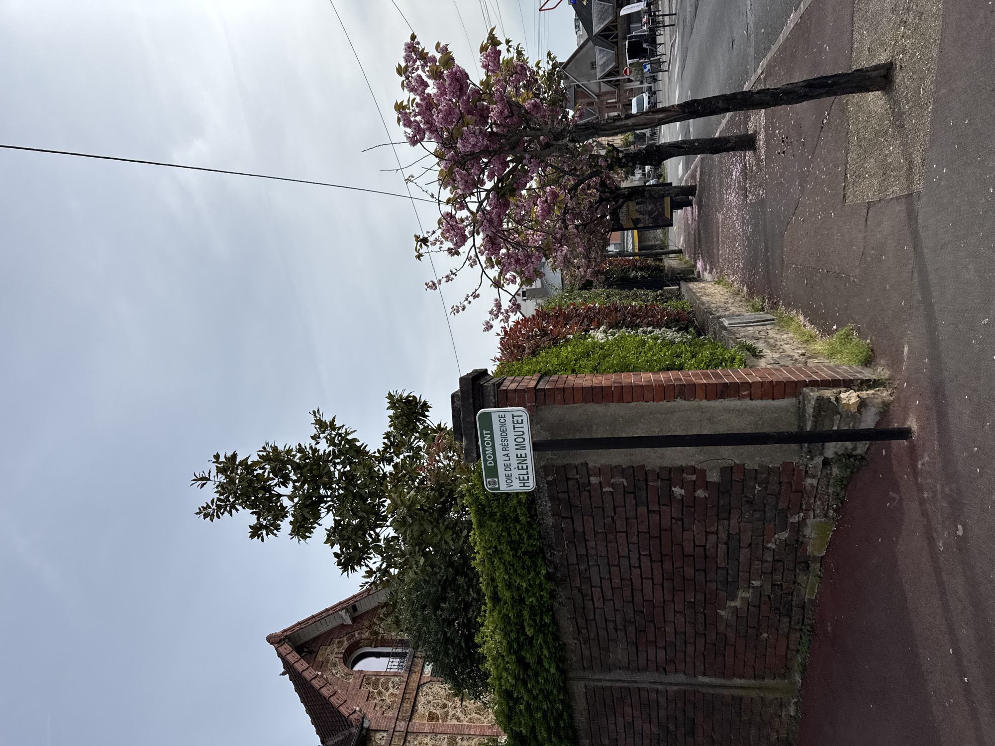 The image shows a street scene in Domont, France. A street sign indicates "DOMONT VOIE DE LA RESIDENCE HELENE MOUTET." A brick wall runs along the sidewalk, covered with green ivy and various plants. A building with a stone and brick facade is visible behind the wall. A tree with pink blossoms is near the street. Several cars are parked along the opposite side of the street. Power lines run overhead against a cloudy sky.