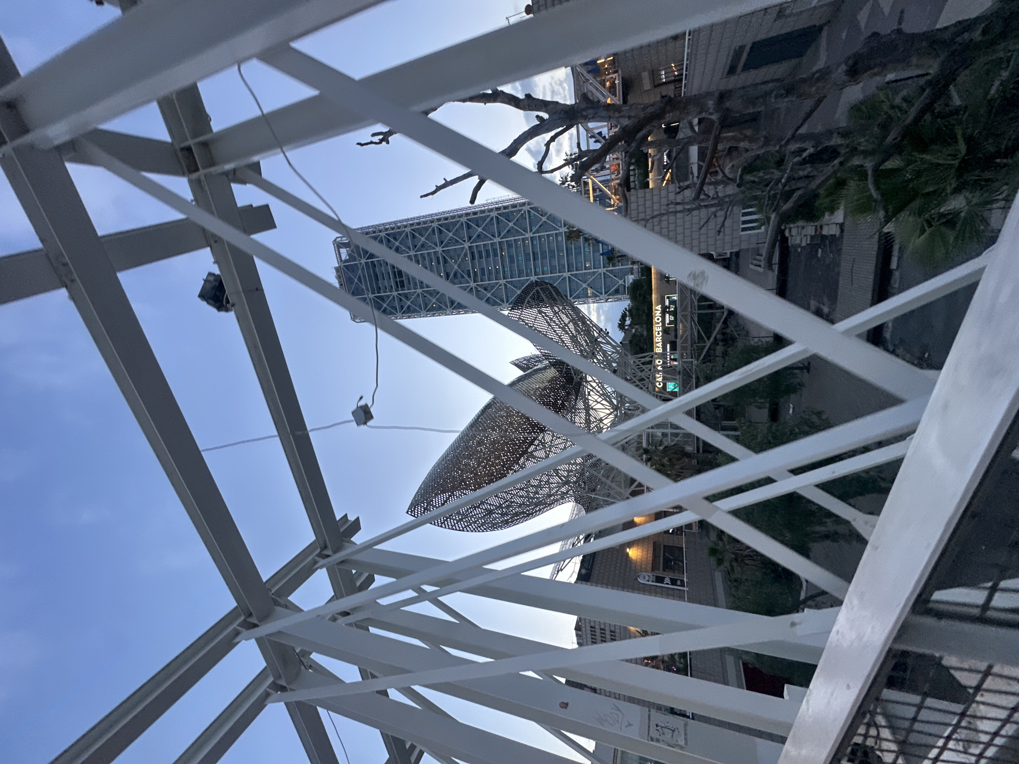 A low-angle shot captures a modern architectural scene in Barcelona, Spain, framed by a white, angular metal structure. In the background, the iconic Peix (Fish) sculpture, a large metallic fish-shaped artwork, is prominently displayed. Adjacent to it stands a tall, slender skyscraper, the Hotel Arts, a landmark of the city's skyline. The sky above is a twilight blue, suggesting either early morning or late evening. A bare tree with intricate branches stands to the right, adding a natural contrast to the urban architecture. The scene appears to be part of a waterfront area, possibly near the Port Olímpic, a location known for its modern buildings and public art.