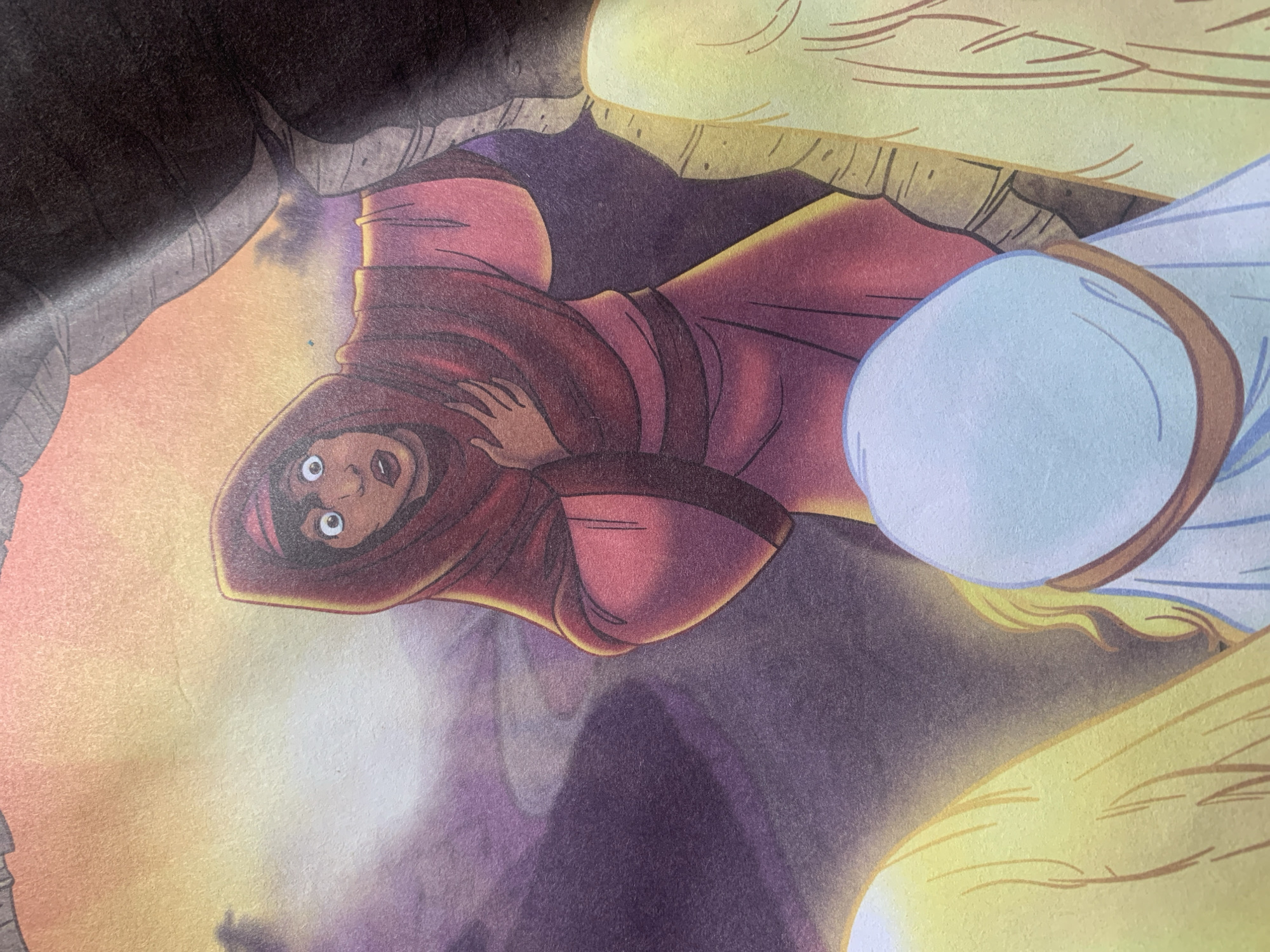 The image depicts an animated scene with a central figure, a woman with wide, startled eyes, wearing a red hooded garment and a red headscarf. Her hand is placed over her chest, indicating surprise or distress. She appears to be looking at something or someone off-frame. The background is a blend of warm oranges, purples, and yellows, suggesting a dramatic or ethereal setting. In the foreground, partially obscured, is another figure draped in a light blue garment, facing away from the viewer. The overall impression is one of revelation or discovery. The image is a digital illustration. There is no information about Jauro Yinu, Nigeria, or any specific geographical location within the visual data.