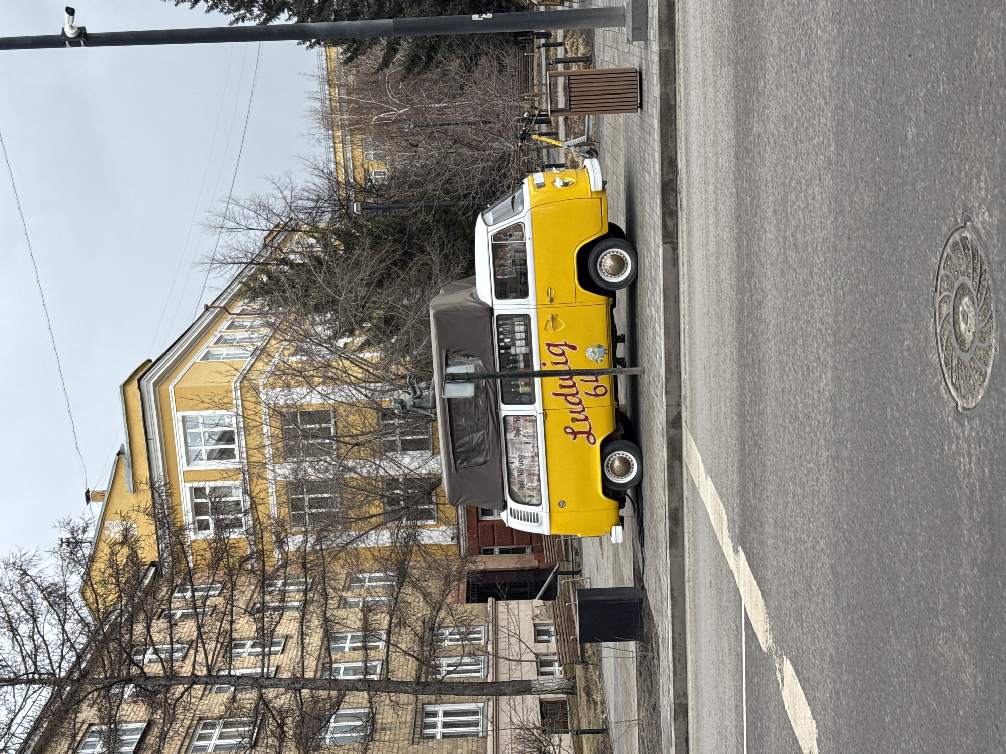 The image shows a yellow and white Volkswagen van parked on the side of a street in Krasnoyarsk, Russia. The van has the name "Ludwig" written on its side in a cursive font. Behind the van is a large, multi-story building with many windows. A street light and bare tree branches are also visible in the foreground. The road is gray and has a white line marking. A manhole cover is on the road surface. The sky is overcast.