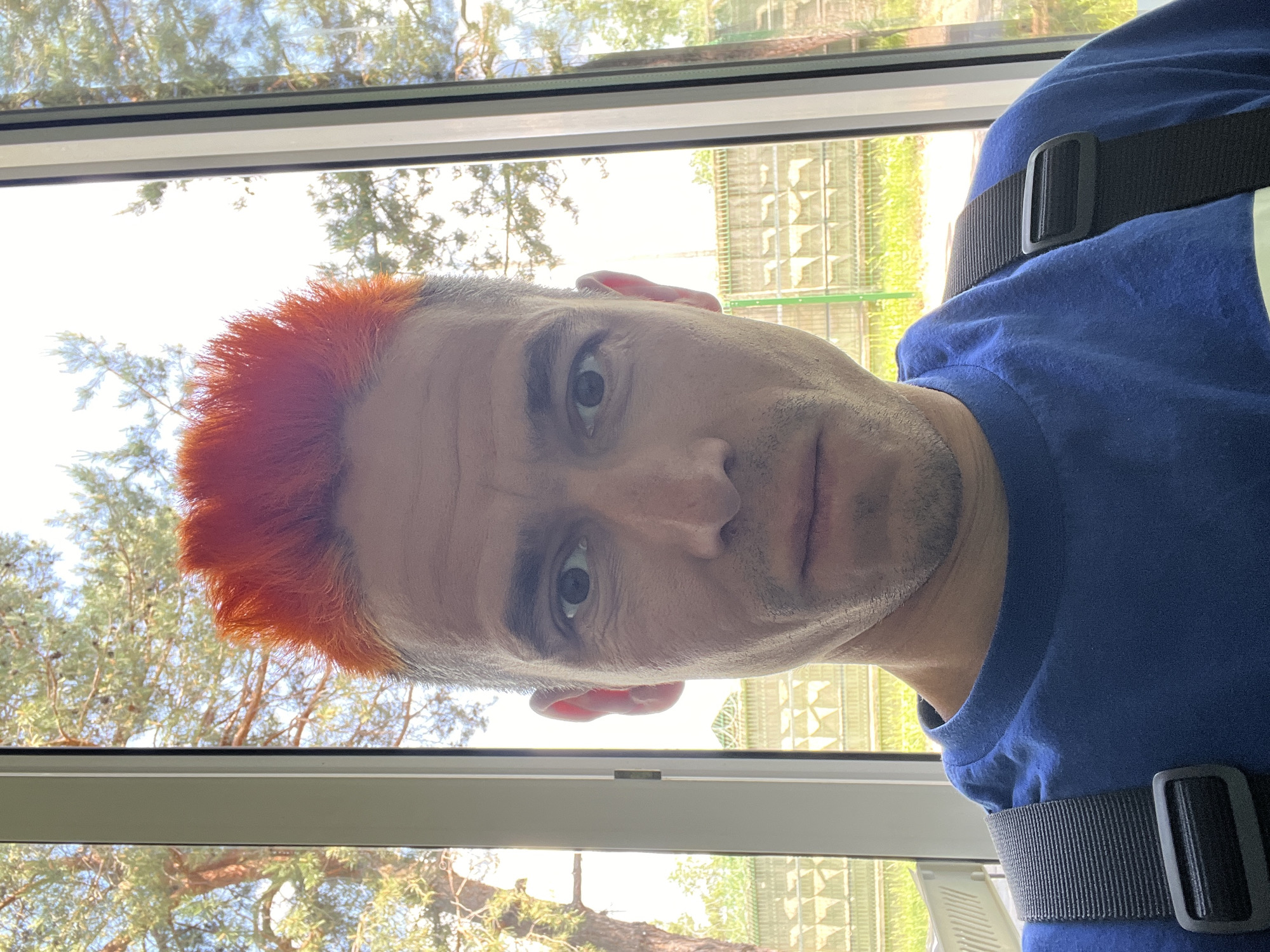 A selfie of a man with reddish-orange hair taken indoors. The man is wearing a blue t-shirt and a black harness. He is positioned in front of a large window with a view of trees and what appears to be a light green building or fence. The scene is brightly lit. Without additional context, it's impossible to definitively pinpoint the exact location in Chaikovsky, Russia.