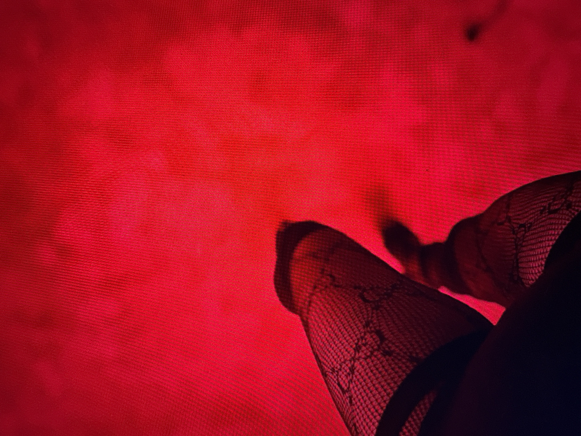 The image shows a close-up, low-angle shot of legs wearing black fishnet stockings against a bright red background. The lighting is dramatic, casting shadows that obscure details of the legs and create a sense of depth. The texture of the fishnet is visible, with a subtle pattern. The background appears to be a textured surface, possibly fabric or a screen, illuminated by a red light source. The scene is abstract and focuses on form and color rather than a specific environment.