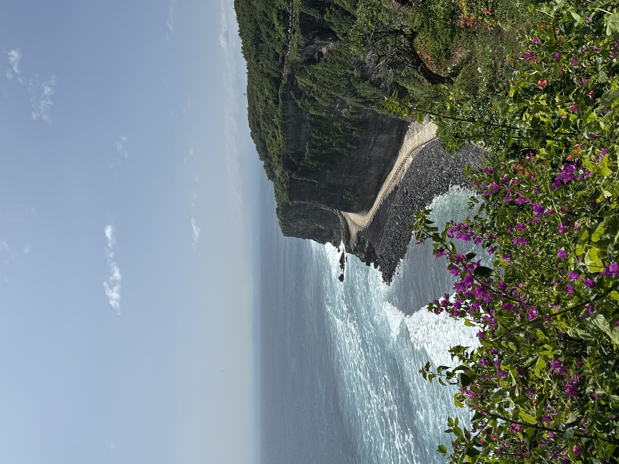 The image captures a view from a cliffside location in Kuta Selatan, Indonesia. A cliff face drops down to the ocean, with a path constructed down the side. Vegetation grows atop the cliff and on its face. The ocean is rough with white waves. The sky is mostly clear with some scattered clouds. Flowers are in the foreground.