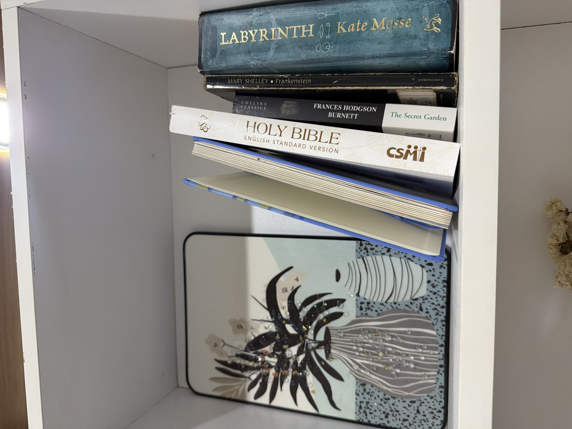 A stack of books is precariously placed inside a white shelf. The books, from top to bottom, are "Labyrinth" by Kate Mosse, "Frankenstein" by Mary Shelley, "The Secret Garden" by Frances Hodgson Burnett, and "Holy Bible English Standard Version". A notebook with an abstract floral pattern is leaning against the books, towards the bottom of the shelf. The scene is an interior shot, likely of a domestic space. The location is not discernible as Davao City, Philippines, from the image.