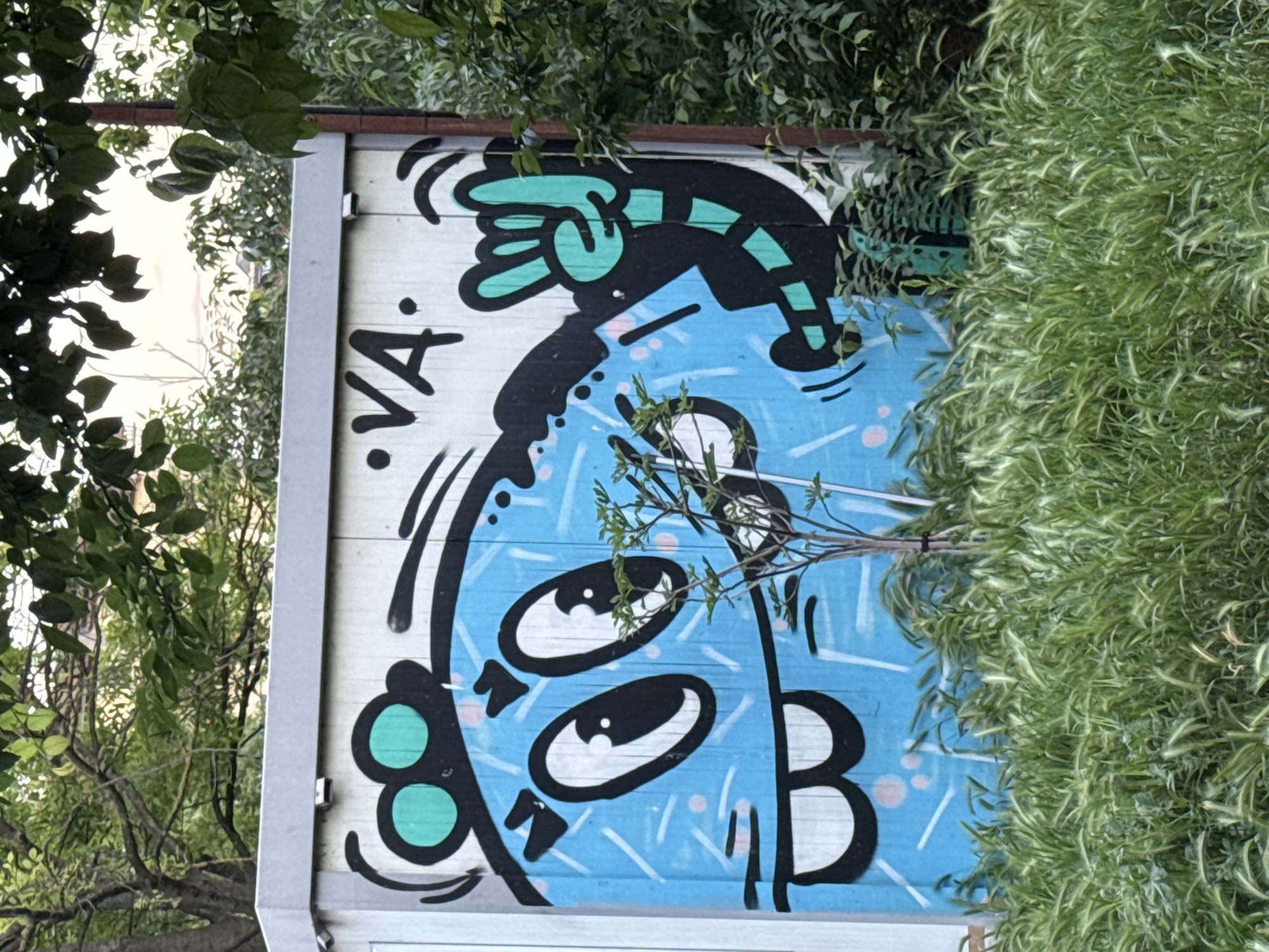 A vertical, eye-level shot captures a portion of a painted sign situated in an outdoor setting, likely in the city of Unknown, Unknown. The sign features a cartoonish face rendered in blue, white, green, and black paint. The face has large, expressive eyes and appears to be wearing a hat or head covering. A white border frames the sign, and a tree branch with sparse leaves partially obscures the painted face in the center. The rest of the scene is obscured by foliage and greenery, suggesting a natural or park-like environment. The overall lighting is ambient, casting soft shadows and highlights across the scene.