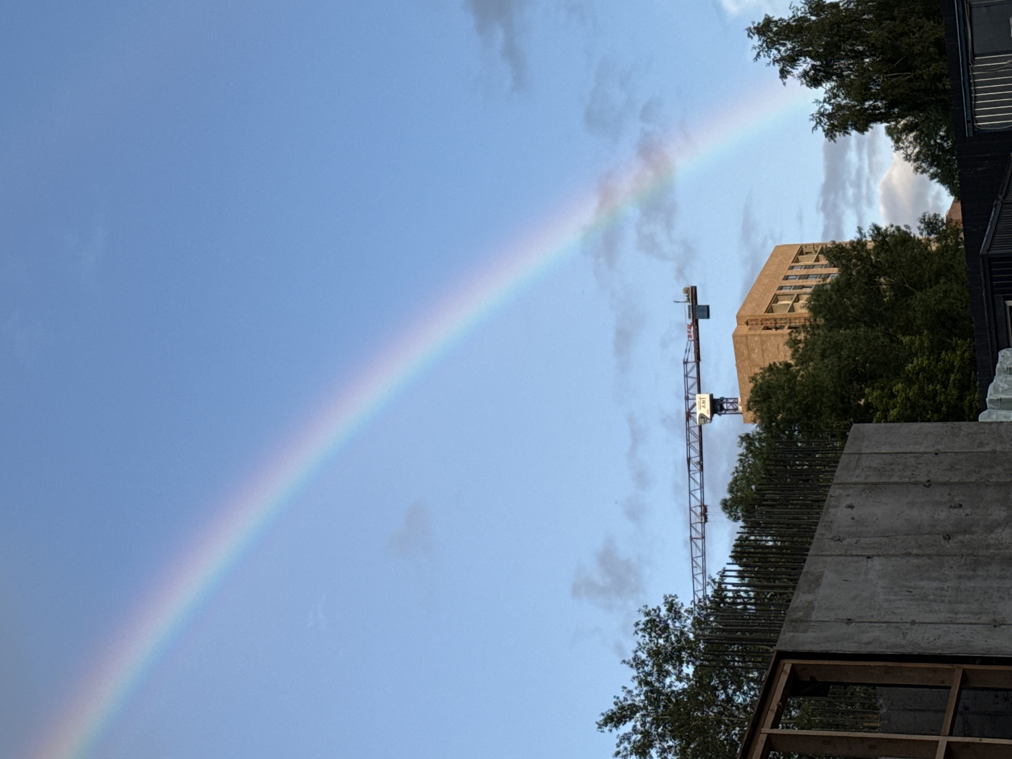 A rainbow arcs across a clear blue sky over a city, with a construction site in the foreground and a crane and building in the background. The construction site consists of a grey concrete wall with wooden framing visible on the left and rebar protruding from the top of the wall. Green trees are interspersed between the construction elements and the background building. The building is a multi-story structure with visible windows. A large construction crane with red and white elements is positioned above the building. The rainbow is vibrant, with distinct bands of color visible. The overall lighting suggests it is either morning or late afternoon. The image appears to be taken from a street-level perspective, looking upwards.