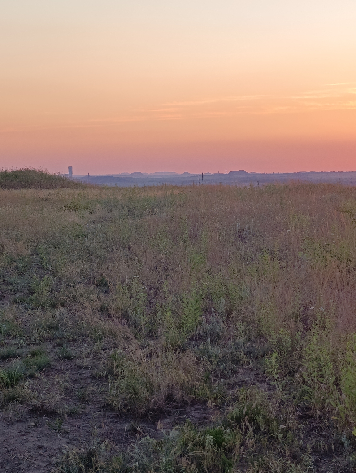 A wide-angle, eye-level outdoor shot captures a vast, dry, grassy field under a pale orange and pink sky, indicative of sunrise or sunset. In the distance, a hazy horizon is dotted with several low, dark hills or mounds. A single, tall, rectangular structure, possibly a silo or industrial building, stands prominently on the left side of the horizon. Several utility poles are also visible scattered across the distant landscape. The foreground is dominated by the dry, muted tones of the grass and soil, with patches of darker earth. The light is soft and diffused, with no harsh shadows.