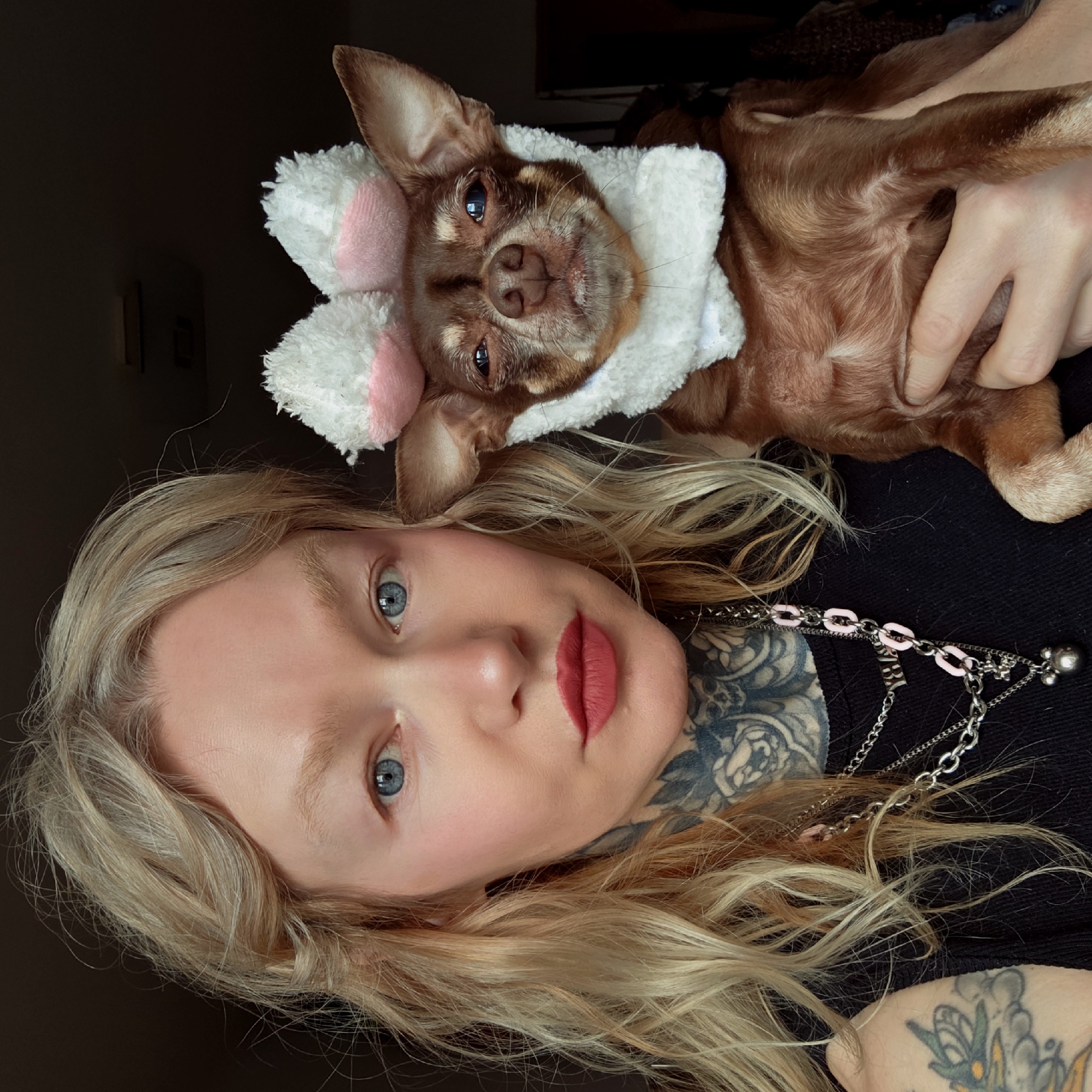 An indoor, eye-level shot captures a woman and a small dog resting together, possibly in Saint Petersburg, Russia. The image is taken from a slightly overhead perspective, with both subjects looking towards the viewer.
The primary subjects are a young-to-middle-aged woman and a small, reddish-brown dog. The woman has long, wavy blonde hair, striking blue eyes, and is wearing red lipstick. Her fair skin contrasts with several dark, intricate tattoos visible on her neck, chest, and upper arm, featuring floral or abstract designs. She is wearing a dark top and multiple layered silver necklaces, one of which has pink chain links and another with a small bell-like charm. A small silver tag on one necklace has indistinct text.
The dog, likely a Chihuahua, is nestled close to the woman and is wearing a playful white, fluffy accessory with pink accents, resembling bunny ears, around its head. Its fur is a rich reddish-brown, with some lighter markings. The dog's expression is gentle and calm, with its eyes slightly glazed. The woman's hands are gently supporting the dog.
The setting appears to be a dimly lit indoor space, suggested by the dark background and soft lighting on the subjects. The overall mood is intimate and affectionate, highlighting the bond between the woman and her pet. No specific location cues for Saint Petersburg are visible within the image itself.